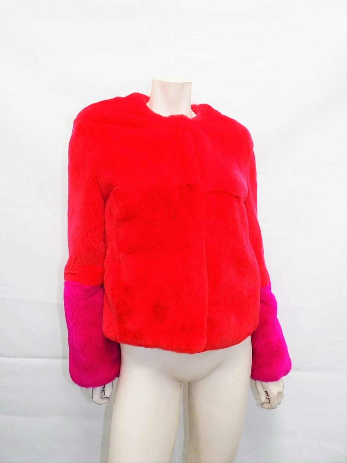 Women's Red Rex Rabbit short fur jacket with  Fushia  Cuffs . MUst Have!! NEW!