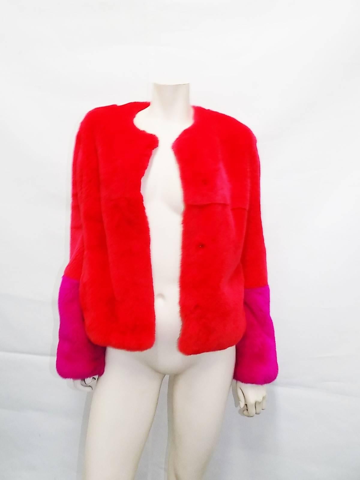 Red Rex Rabbit short fur jacket with  Fushia  Cuffs . MUst Have!! NEW! 3