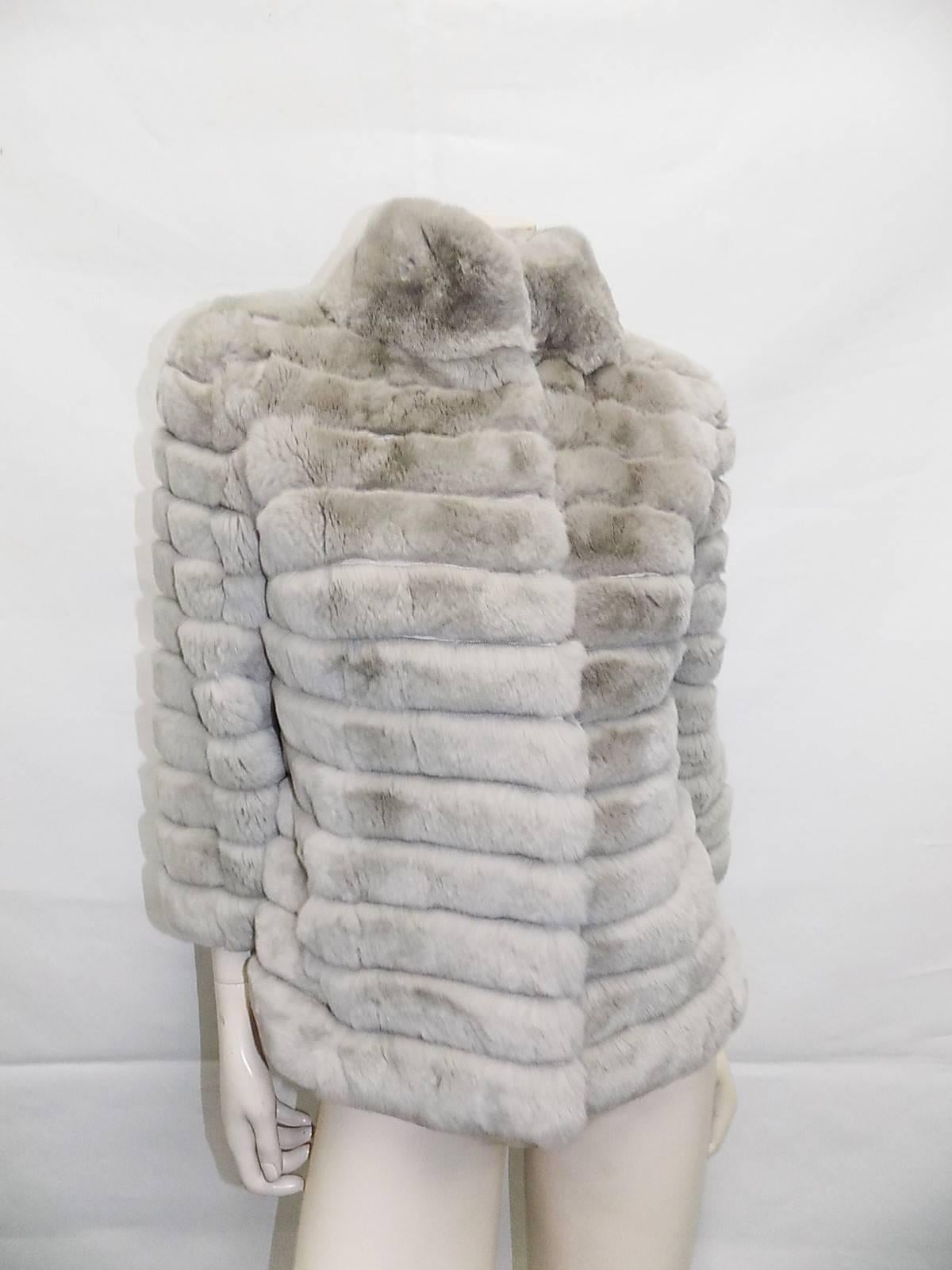 New Italian design horisontal  Rex Rabbit Luxury Fur Jacket sz 8 In New Condition In New York, NY