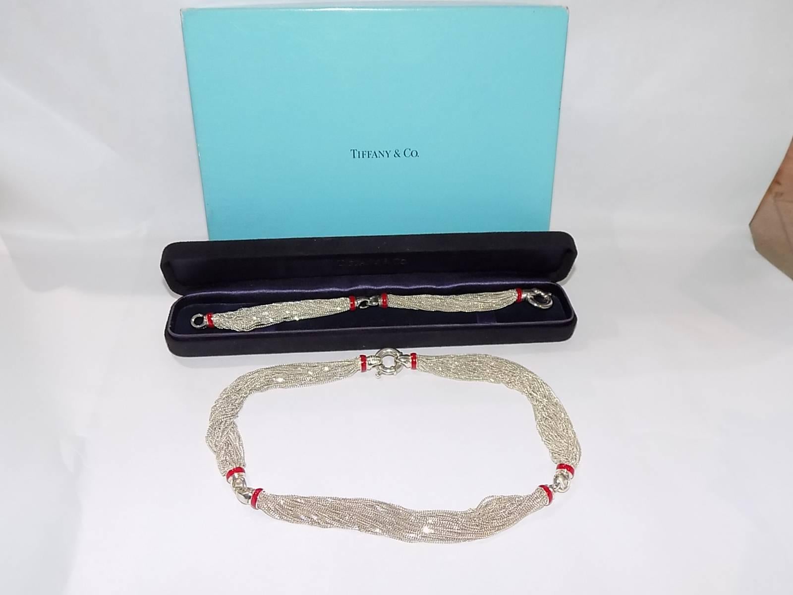 Women's Rare Vintage Tiffany & Co Sterling Silver Red Enamel   Necklace & Bracelet set