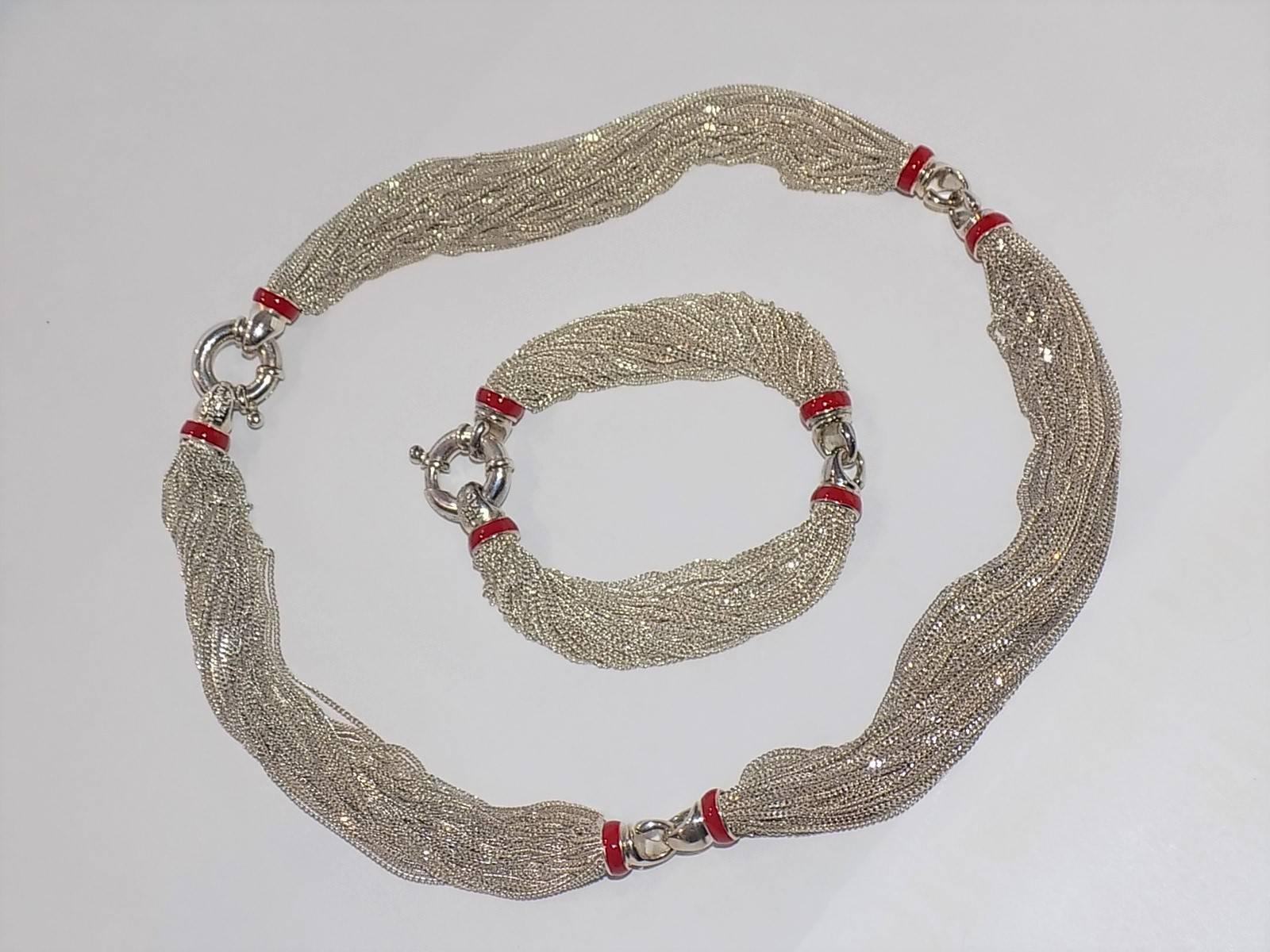 Very Rare Vintage Authentic Tiffany & Co Sterling Silver Red Enamel Multi chains  Bracelet and necklace  . Hallmarked 