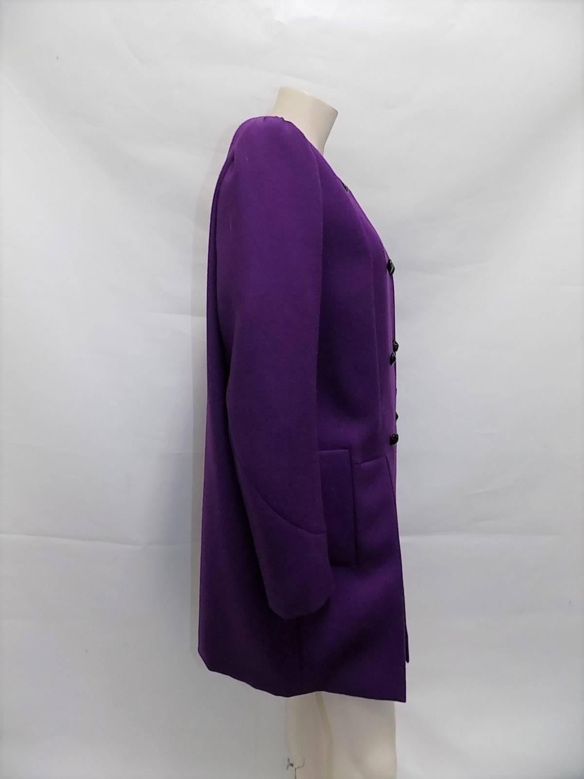New With Tags Yves Saint Laurent Purple wool  Coat W Leather Buttons sz 46 In New Condition In New York, NY