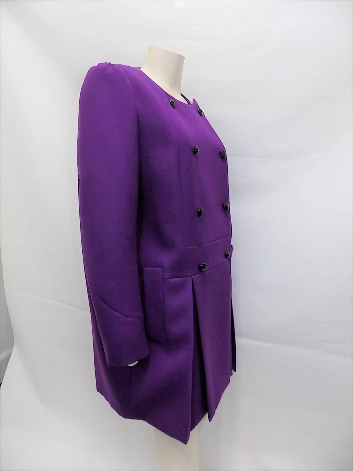 New With Tags Yves Saint Laurent Purple wool  Coat W Leather Buttons sz 46 3