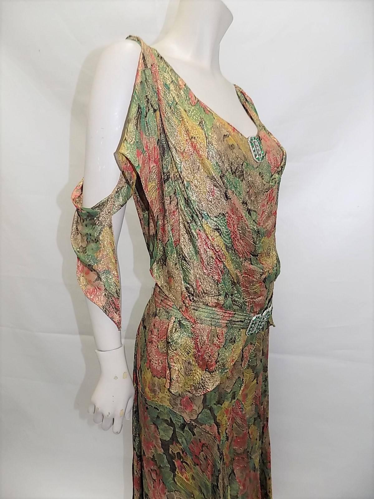 Brown metallic brocade gown with crystal buckle belt, 1930s   For Sale