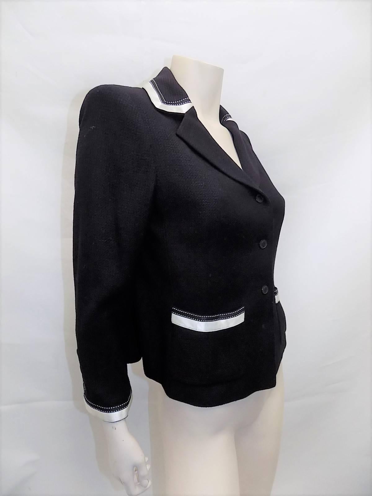 Women's Chanel Black Jacket with white Silk trim Details  For Sale