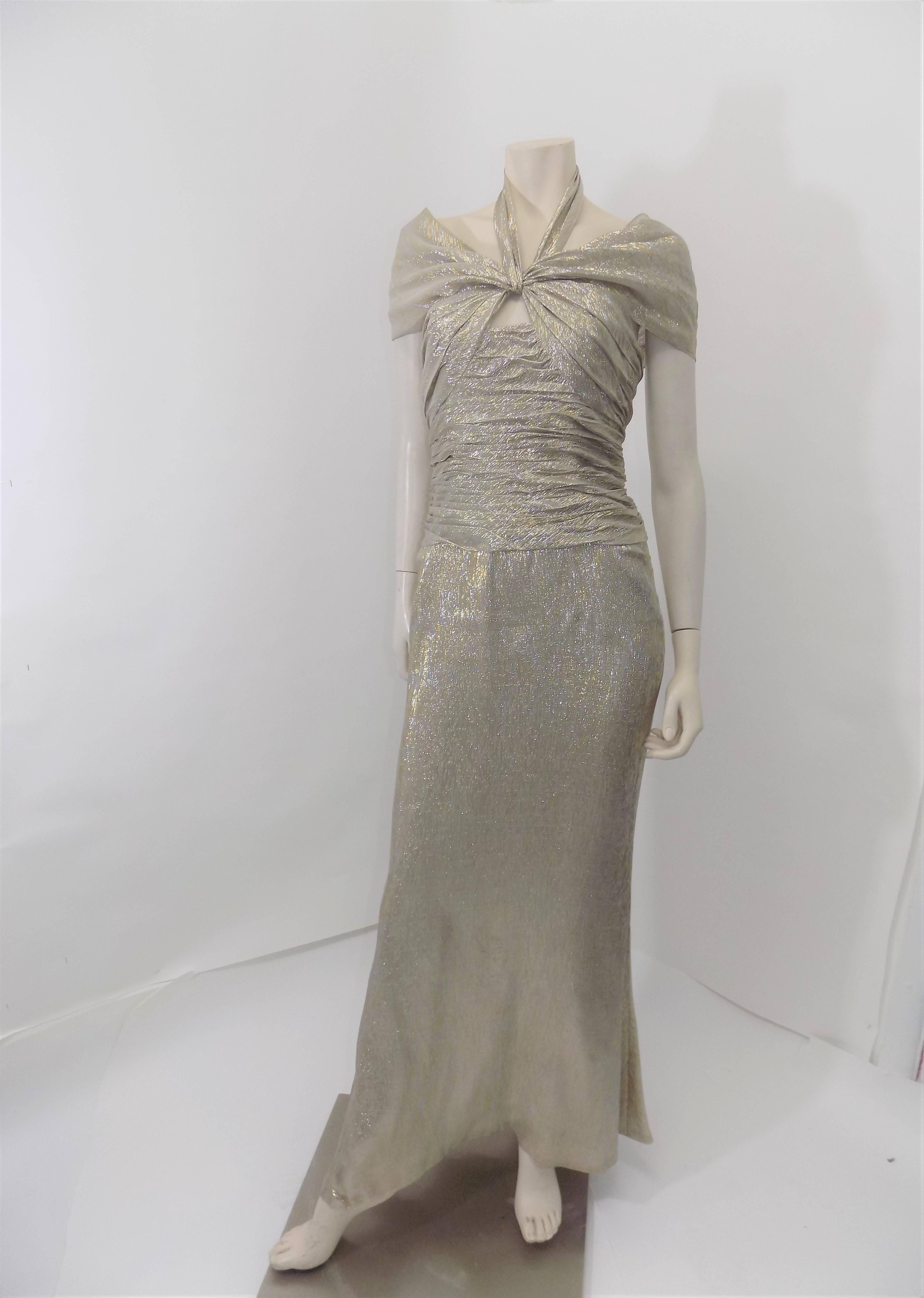 Gray Oscar de la Renta's gold metallic gown sz 8 For Sale