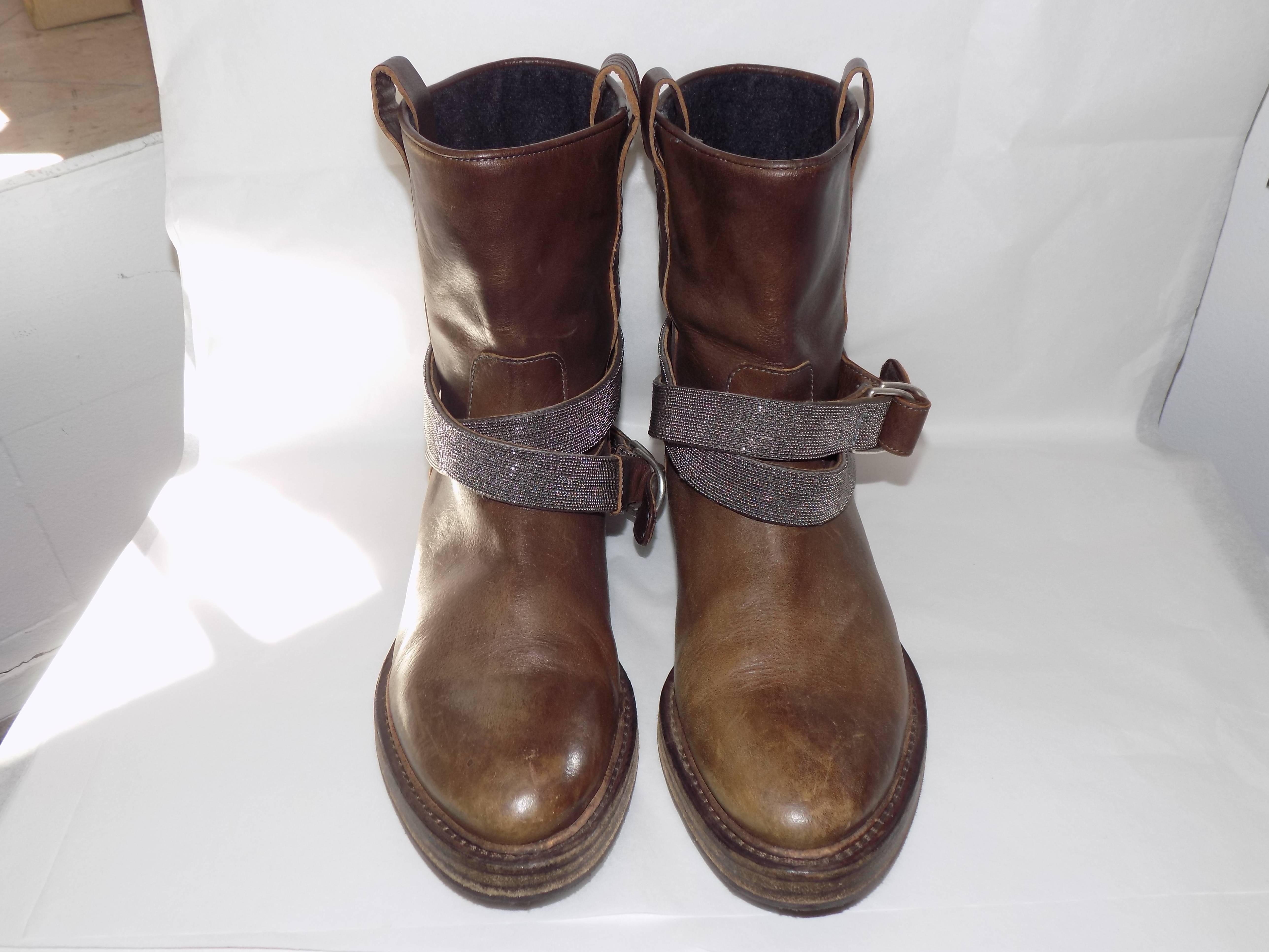 Brown Brunello Cucinelli Leather Boots with Monili Strap Sold out Ret $1945