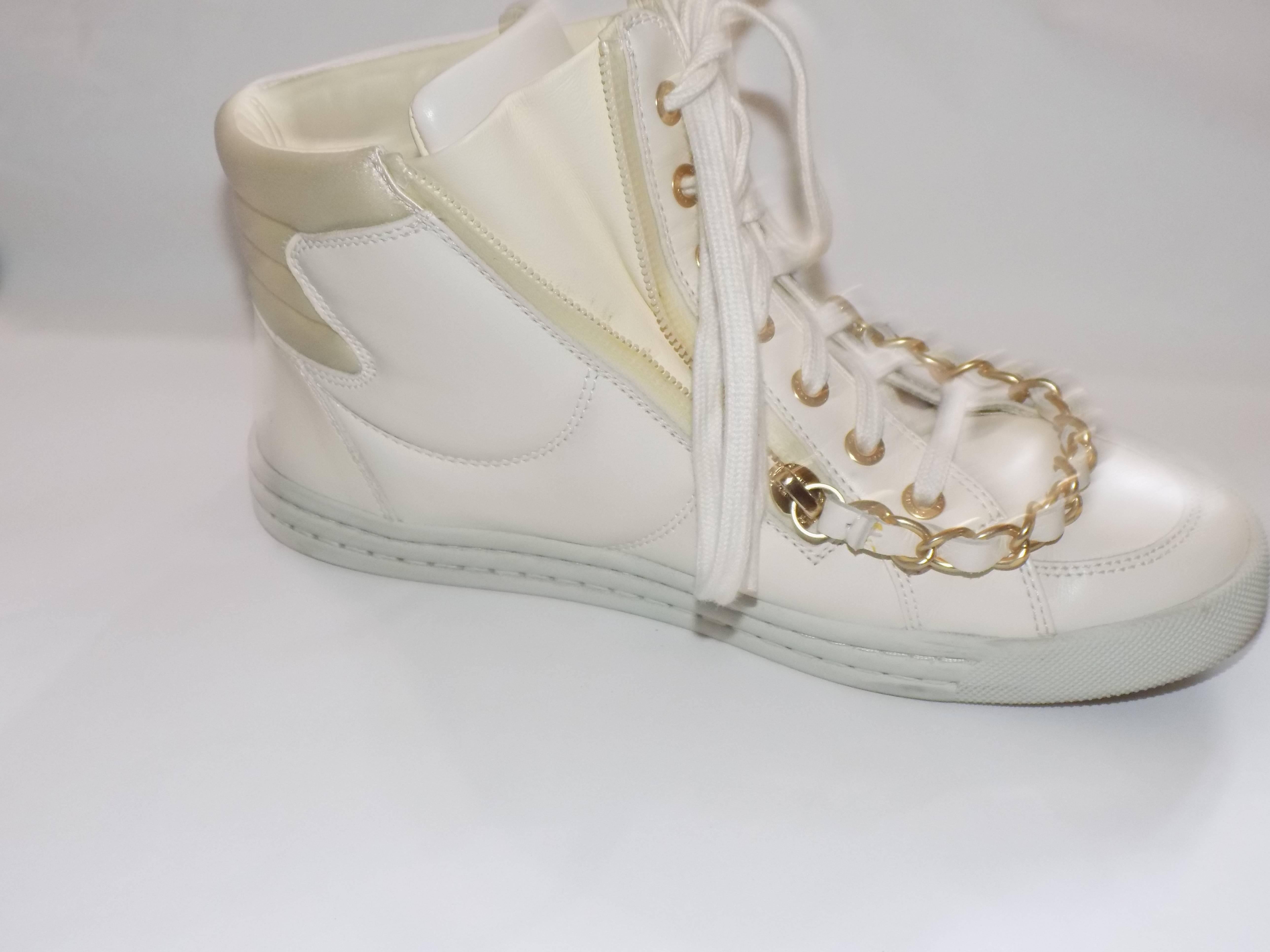 Gray  Chanel 37.5   High Top Sneakers shoes  with  Chain winter white