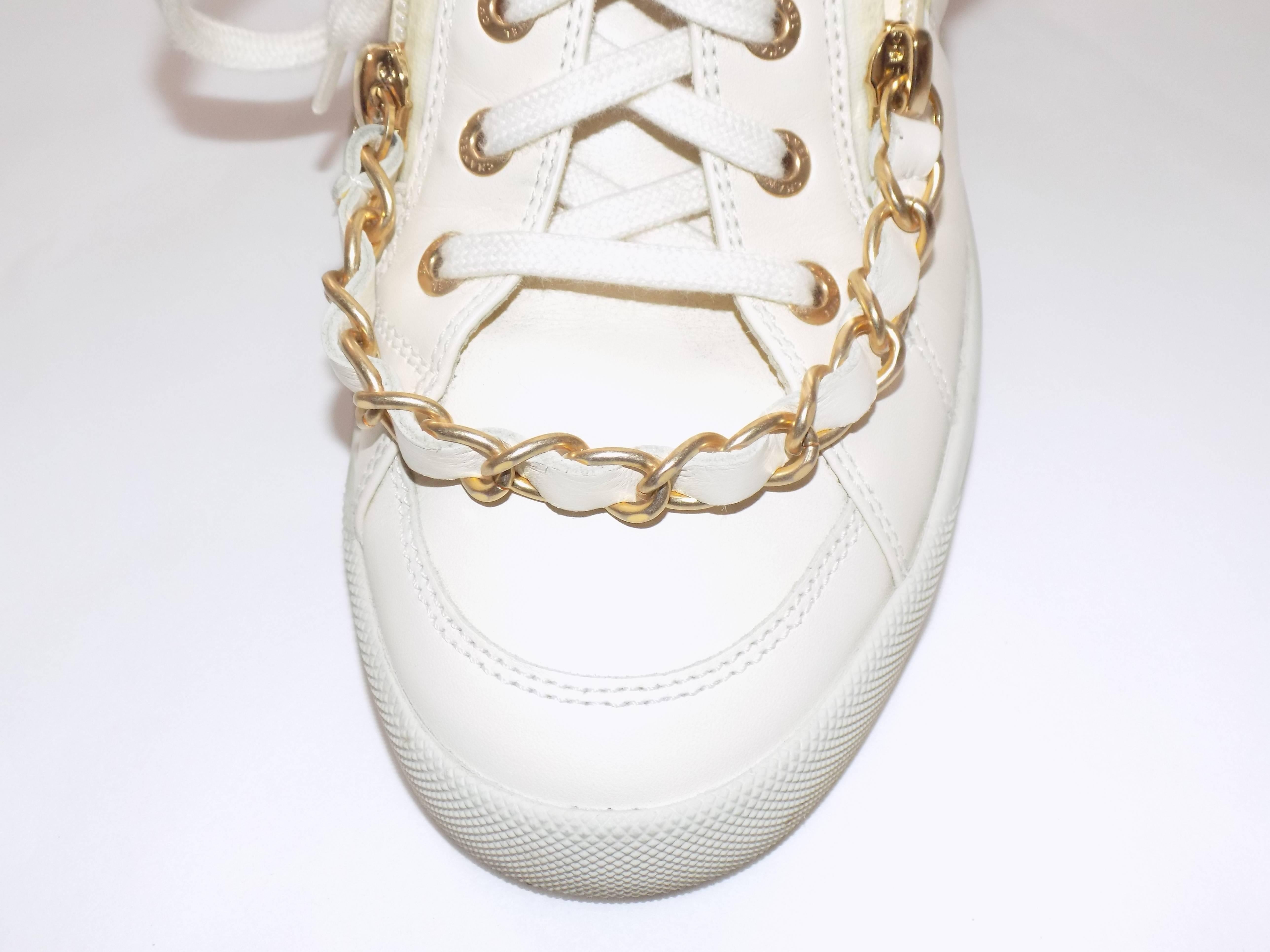 Women's  Chanel 37.5   High Top Sneakers shoes  with  Chain winter white