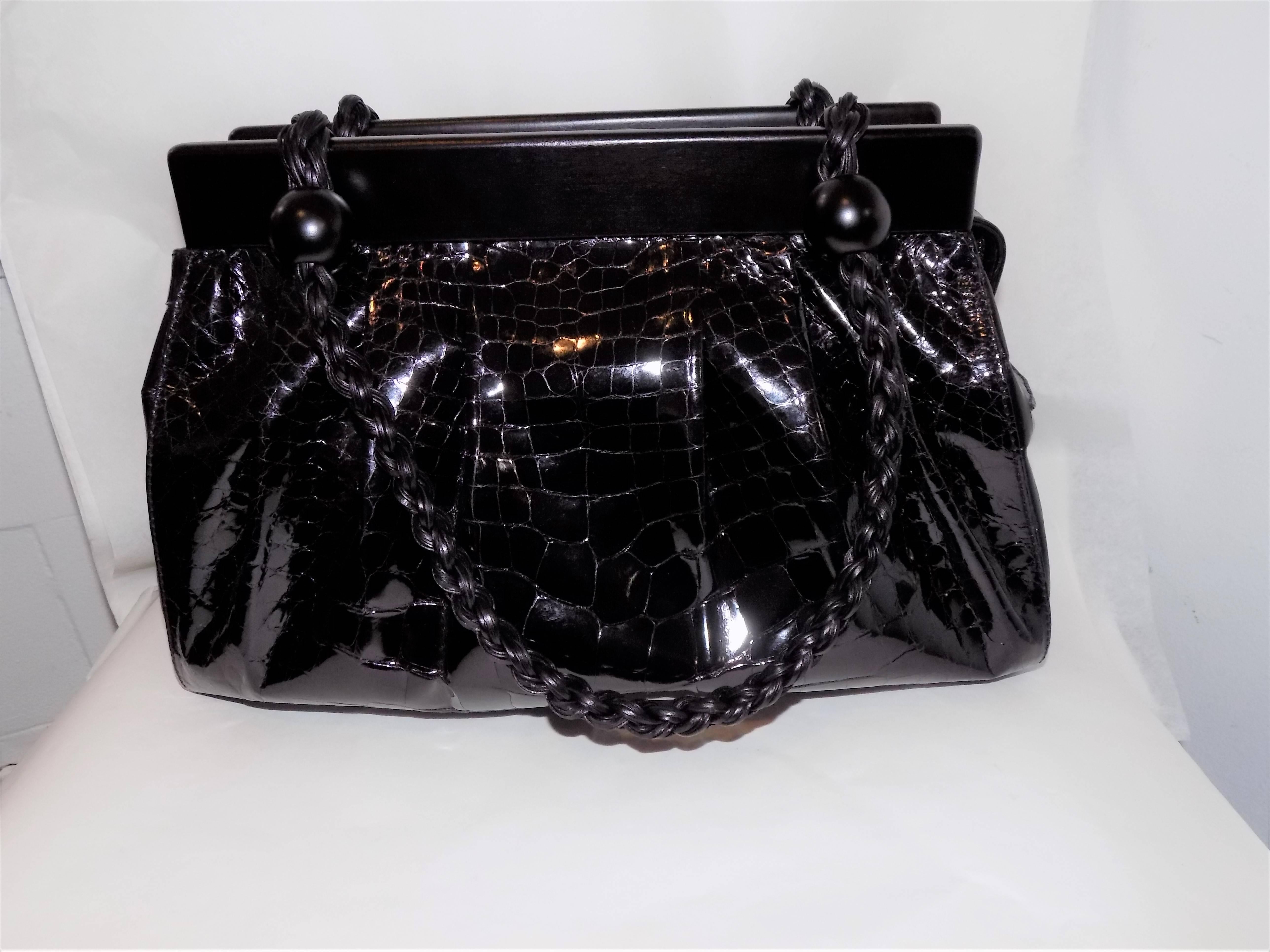 Black  Stunning Suarez Real Alligator black bag ret $6975 with ebony frame  For Sale