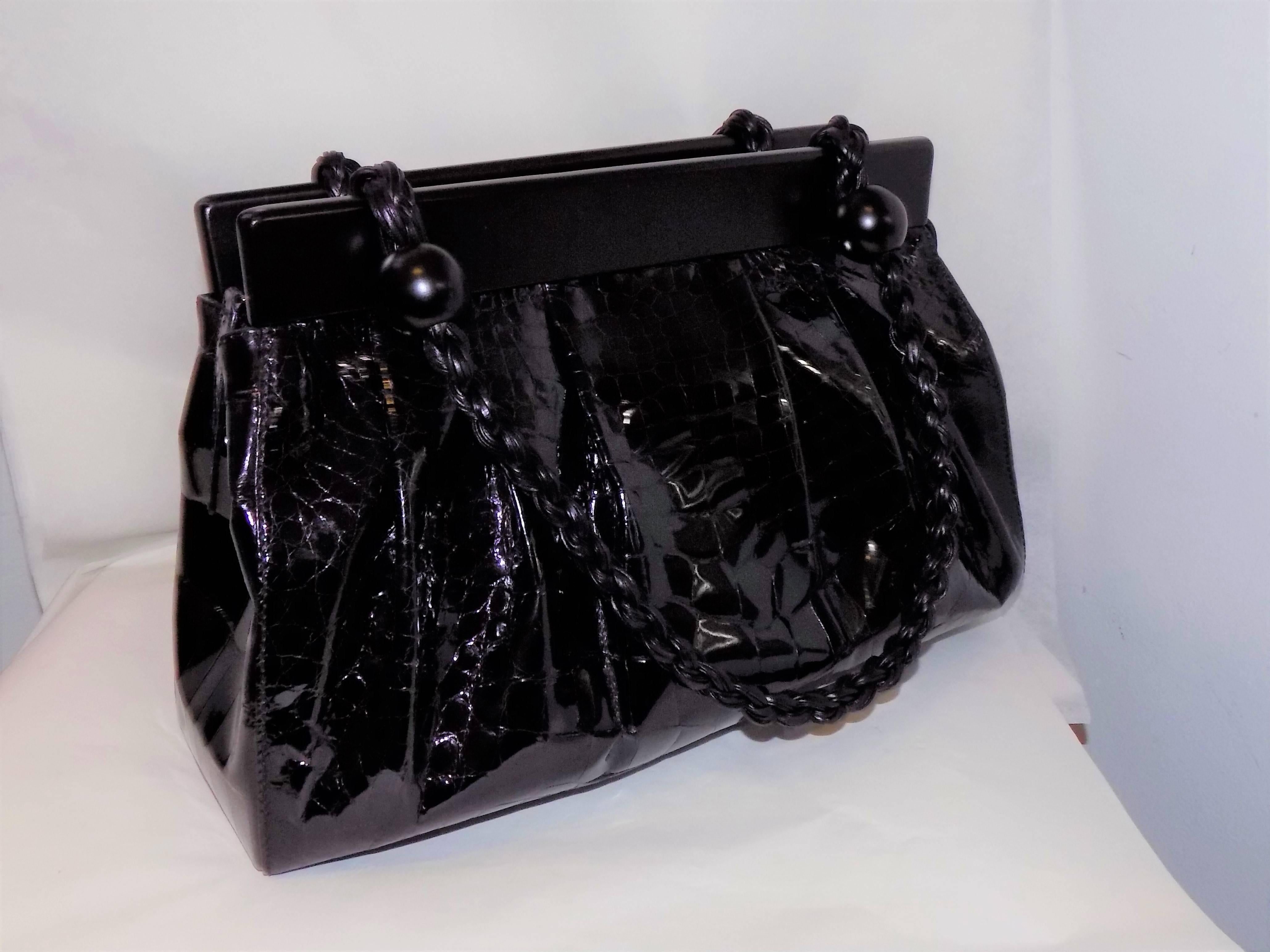  Stunning Suarez Real Alligator black bag ret $6975 with ebony frame  In New Condition For Sale In New York, NY