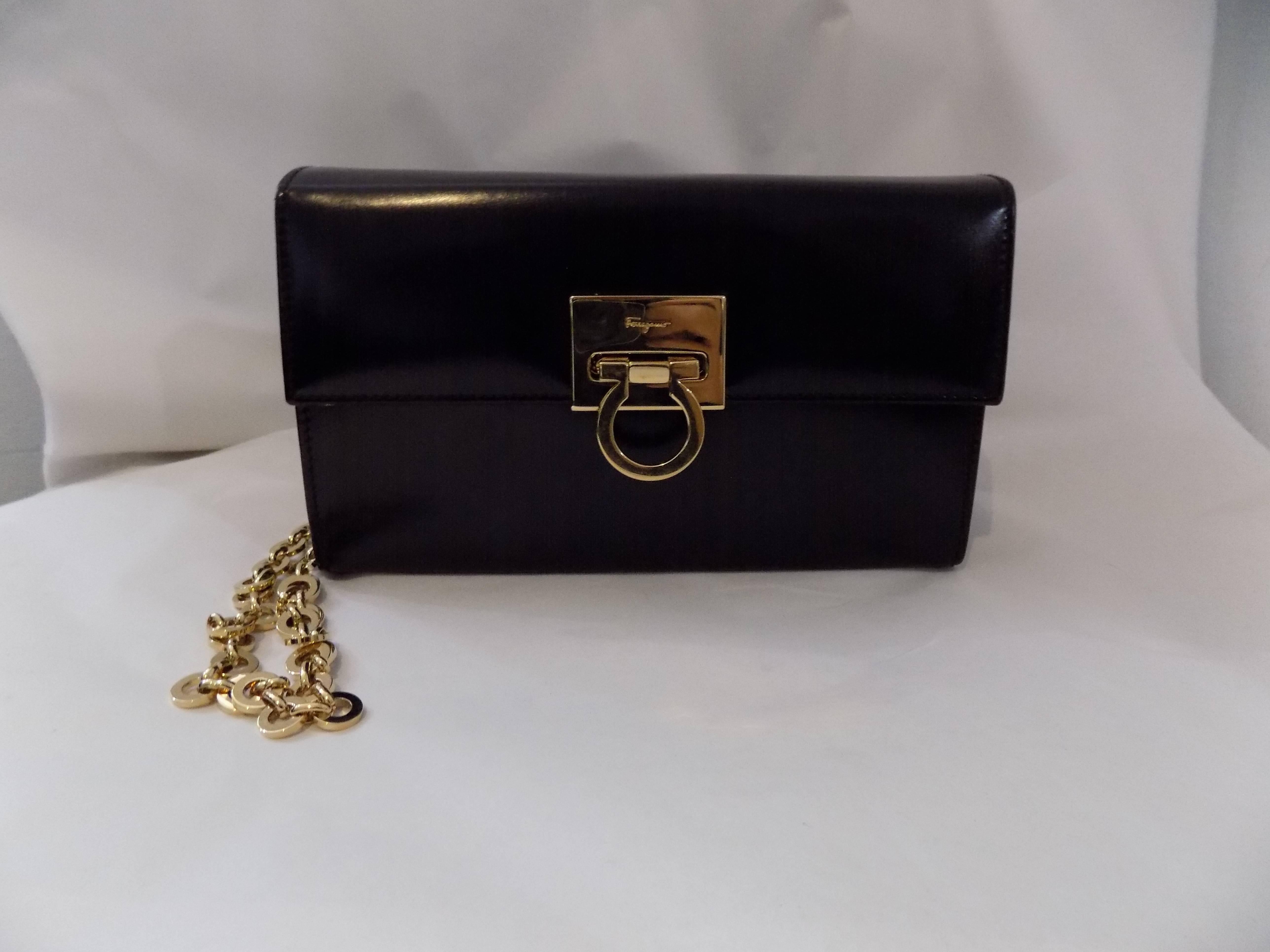  Salvatore Ferragamo black polished clutch / shoulder bag w gold chain 1