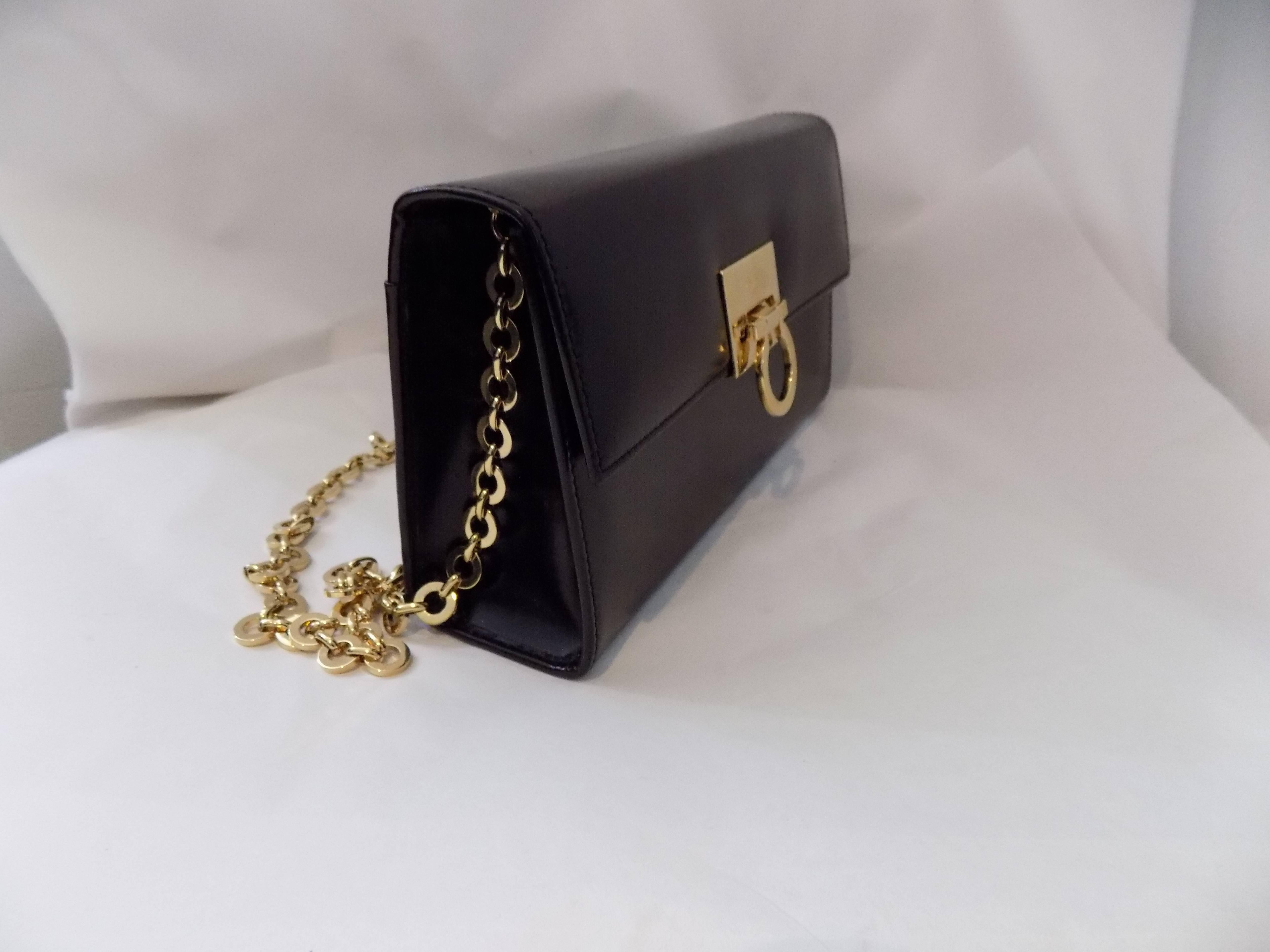  Salvatore Ferragamo black polished clutch / shoulder bag w gold chain 3