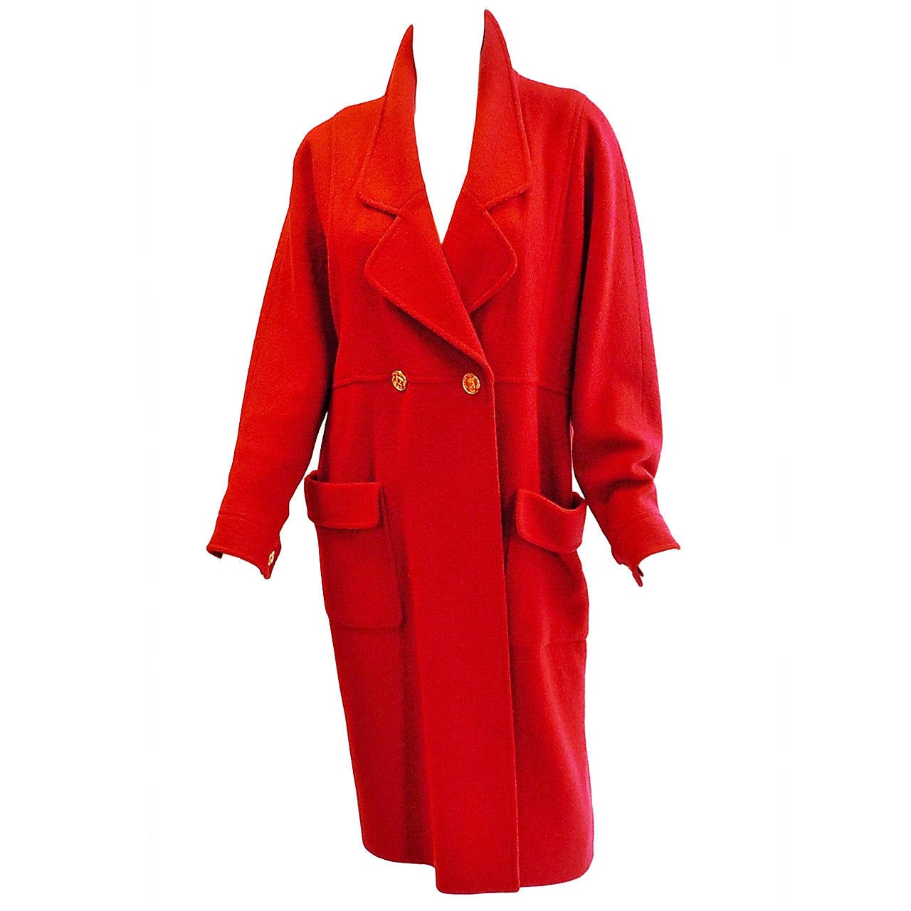 Chanel Vintage Red Coat with large logo buttons at 1stdibs