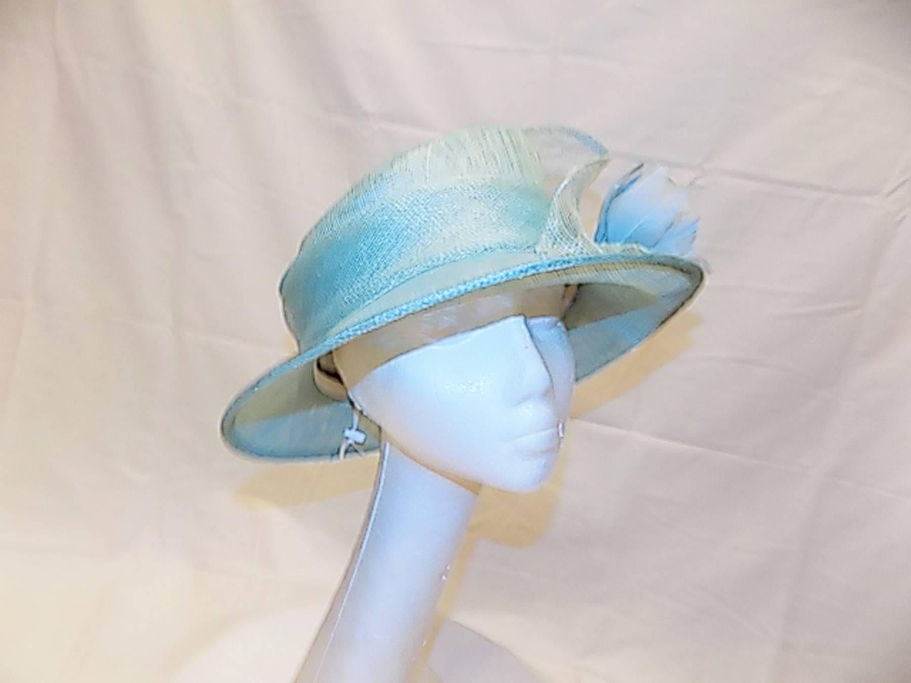 Light Blue Modern Couture summer Hat with flower In New Condition In New York, NY