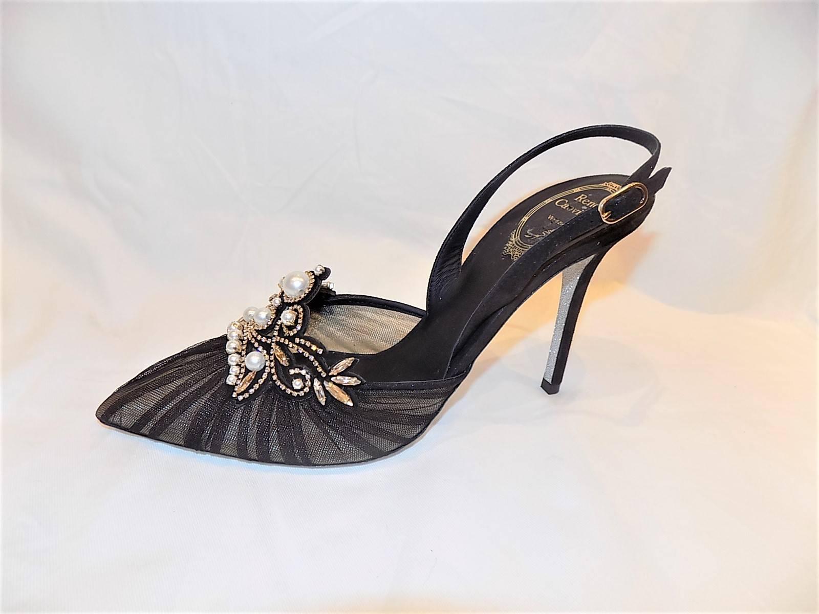 Black  NEW and sold out  Rene Caovilla embelished glitter sole evening shoe sz 40 For Sale