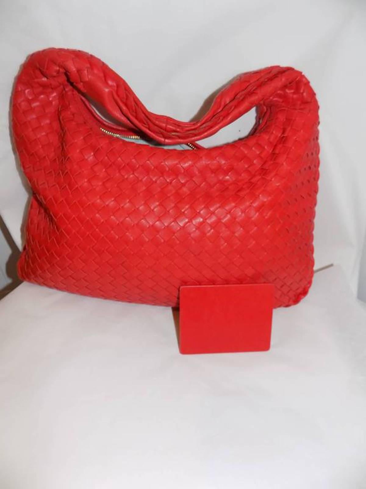 Red Orange  Woven Leather  Intrecciato Bottega Veneta Hobo Shoulder Bag For Sale