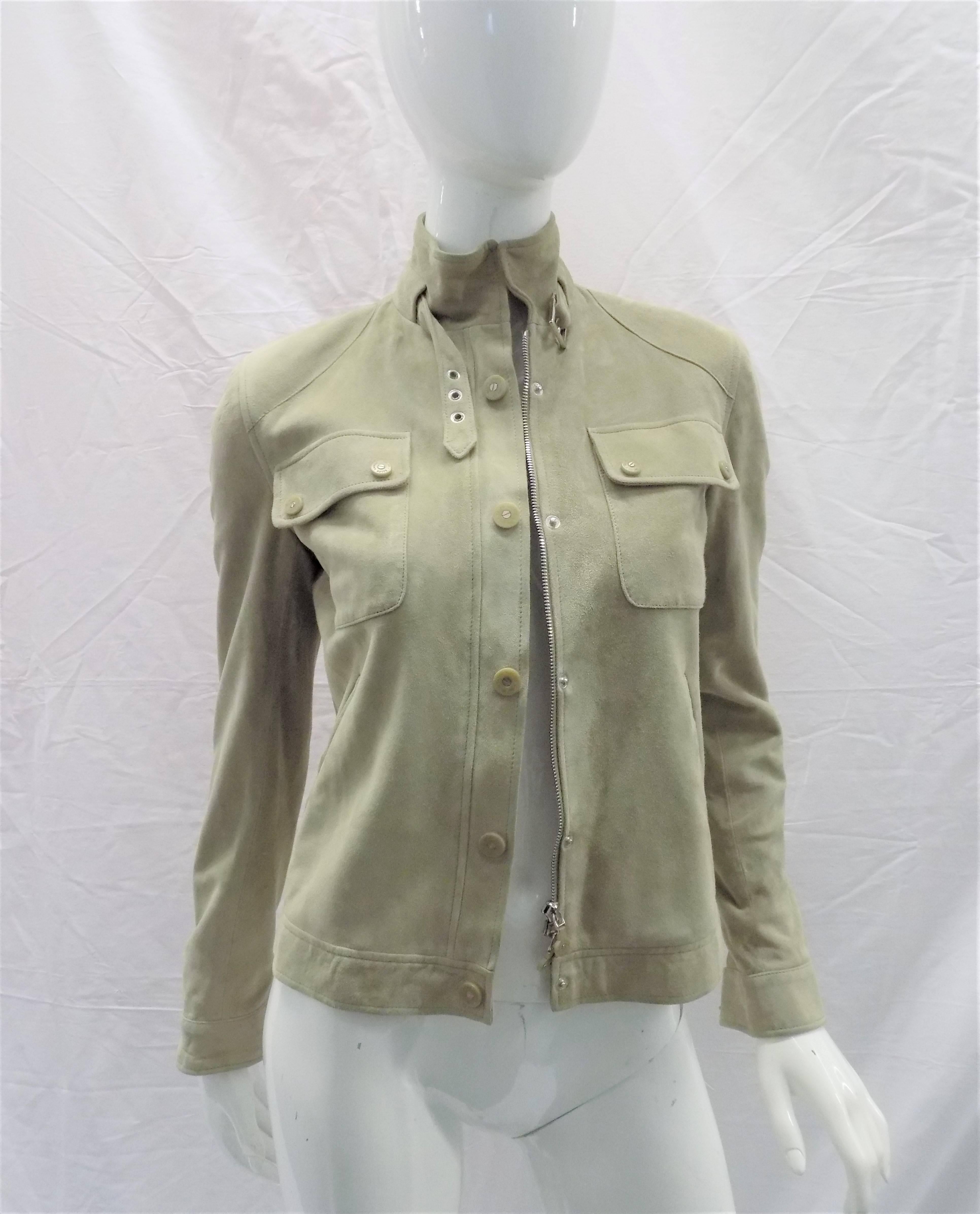 Fabulous and in like new condition Ralph Lauren Black Label woman  Suede Leather Biker Jacket Coat Small, Zip front with snaps. buckle at the neckline. Two top front pockets. Fully lines. Black label. Retail price around $2000. Size 2 Taupe