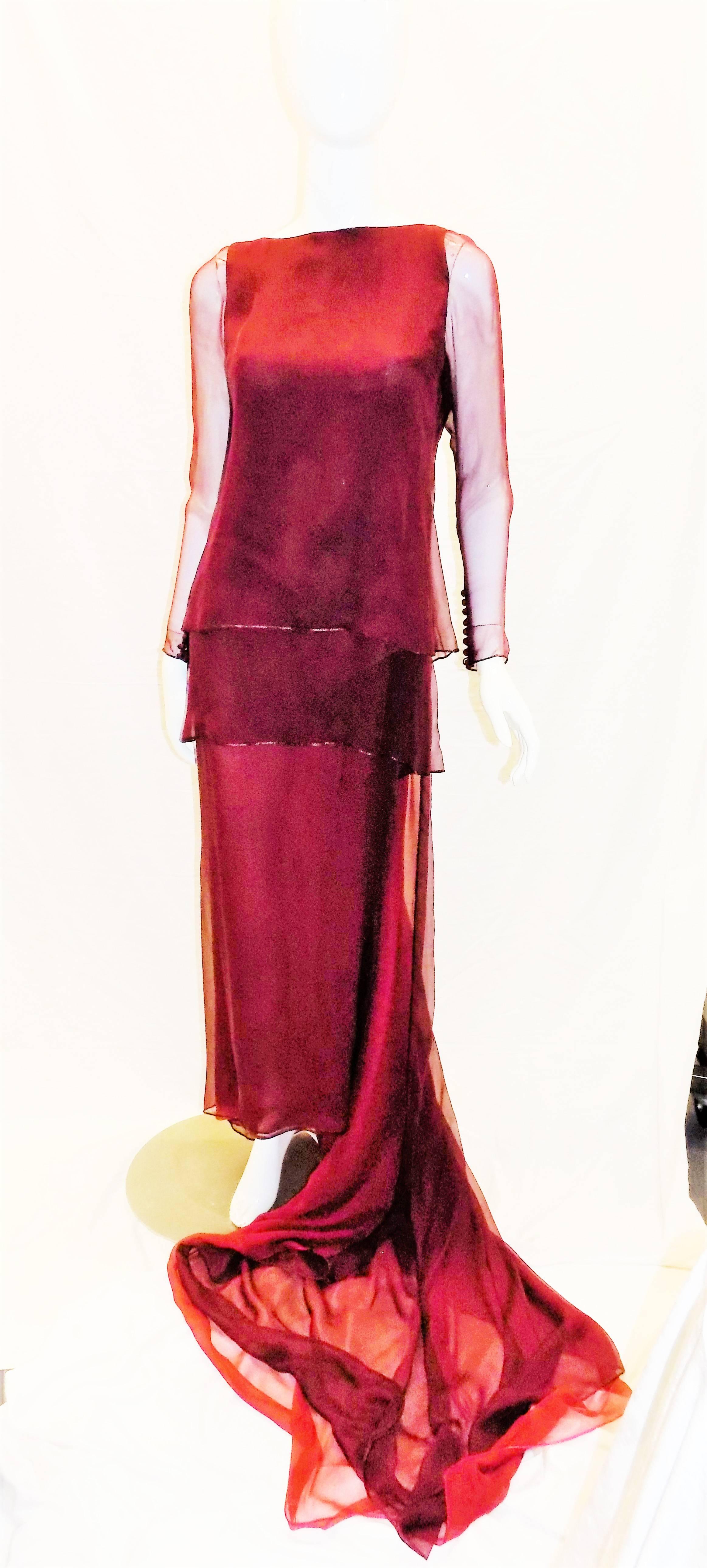 Red Chanel Haute Couture dark red  silk Gown with long train 