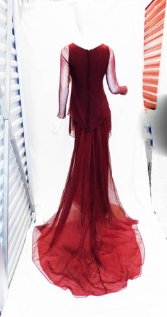 Chanel Haute Couture dark red  silk Gown with long train