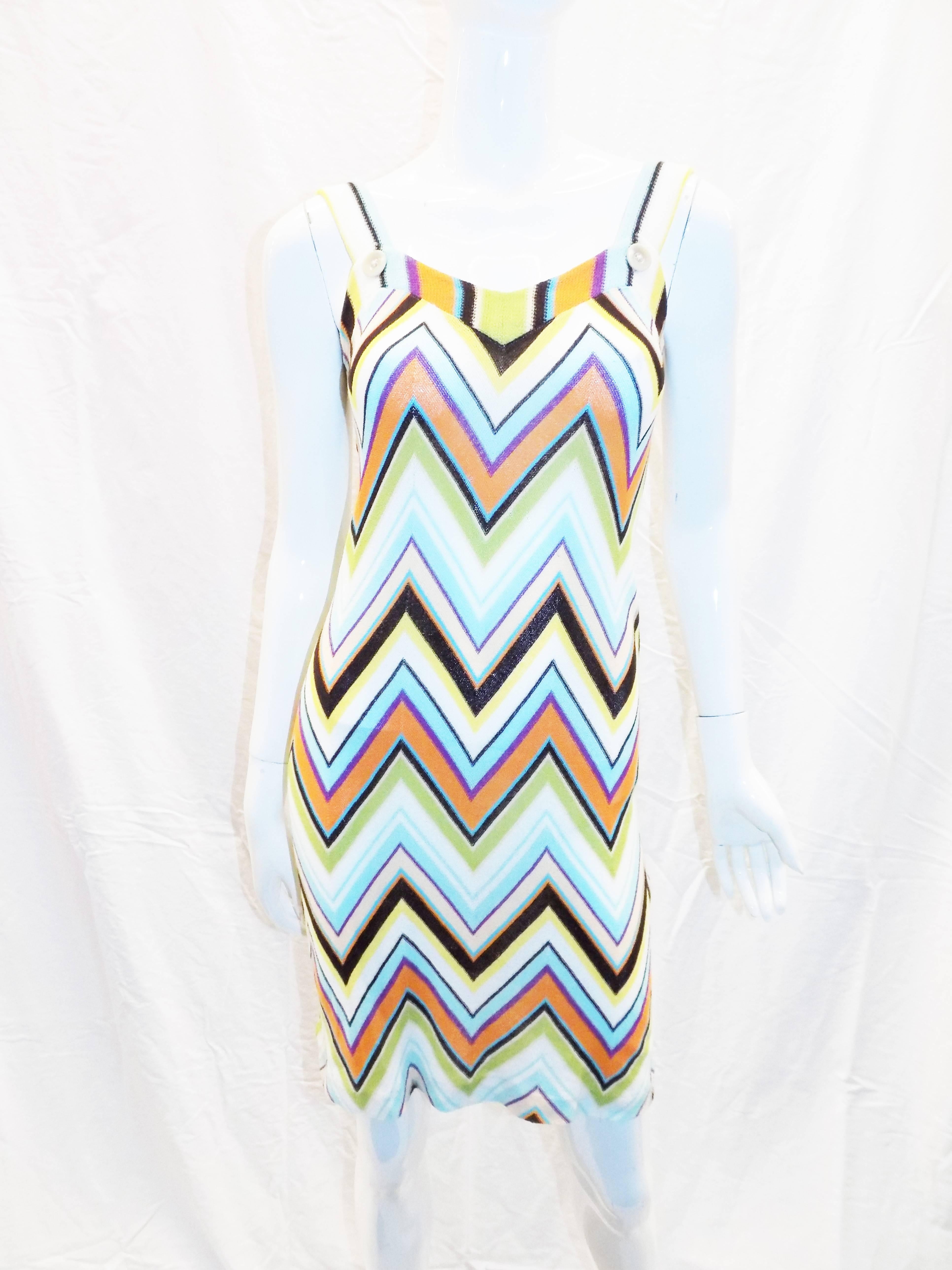 fabulous summer vintage Missoni zig zag cotton knit dress, Two wide straps with large buttons Pull on. size small. Excellent condition! Measurements taken flat: bust 32