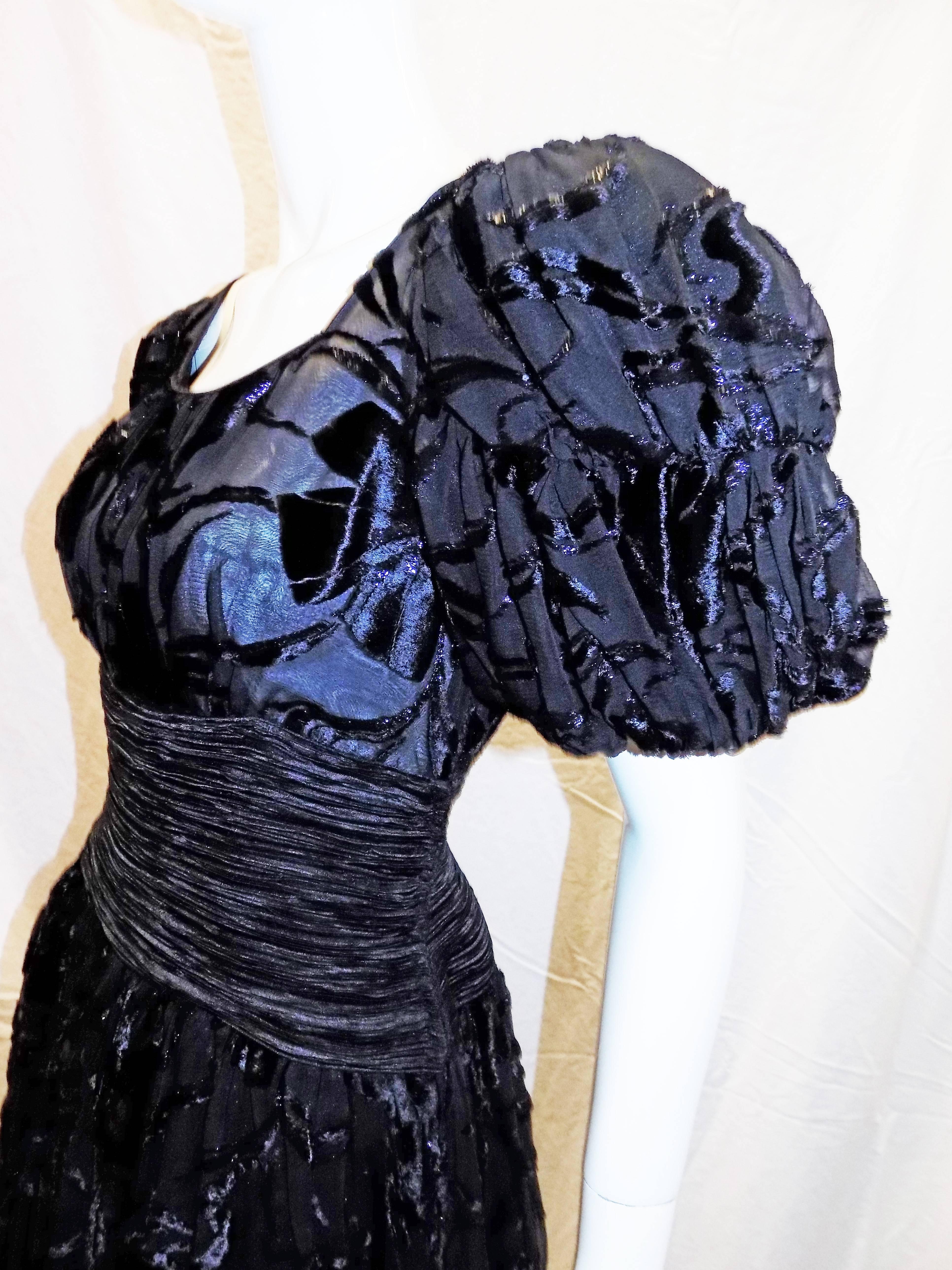 Mary McFadden  vintage black laser cut velvet cocktail dress In Excellent Condition For Sale In New York, NY