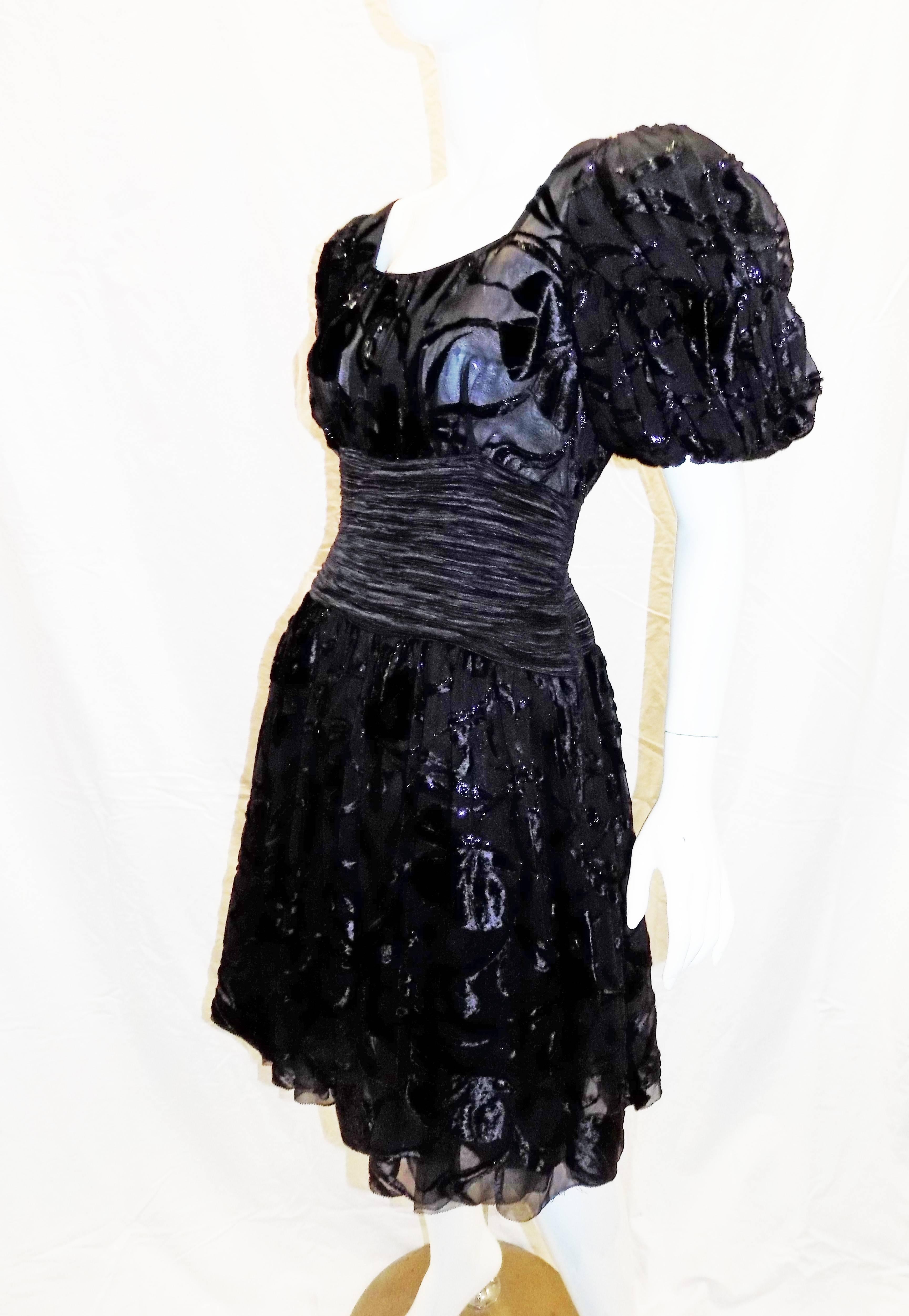 Black Mary McFadden  vintage black laser cut velvet cocktail dress For Sale
