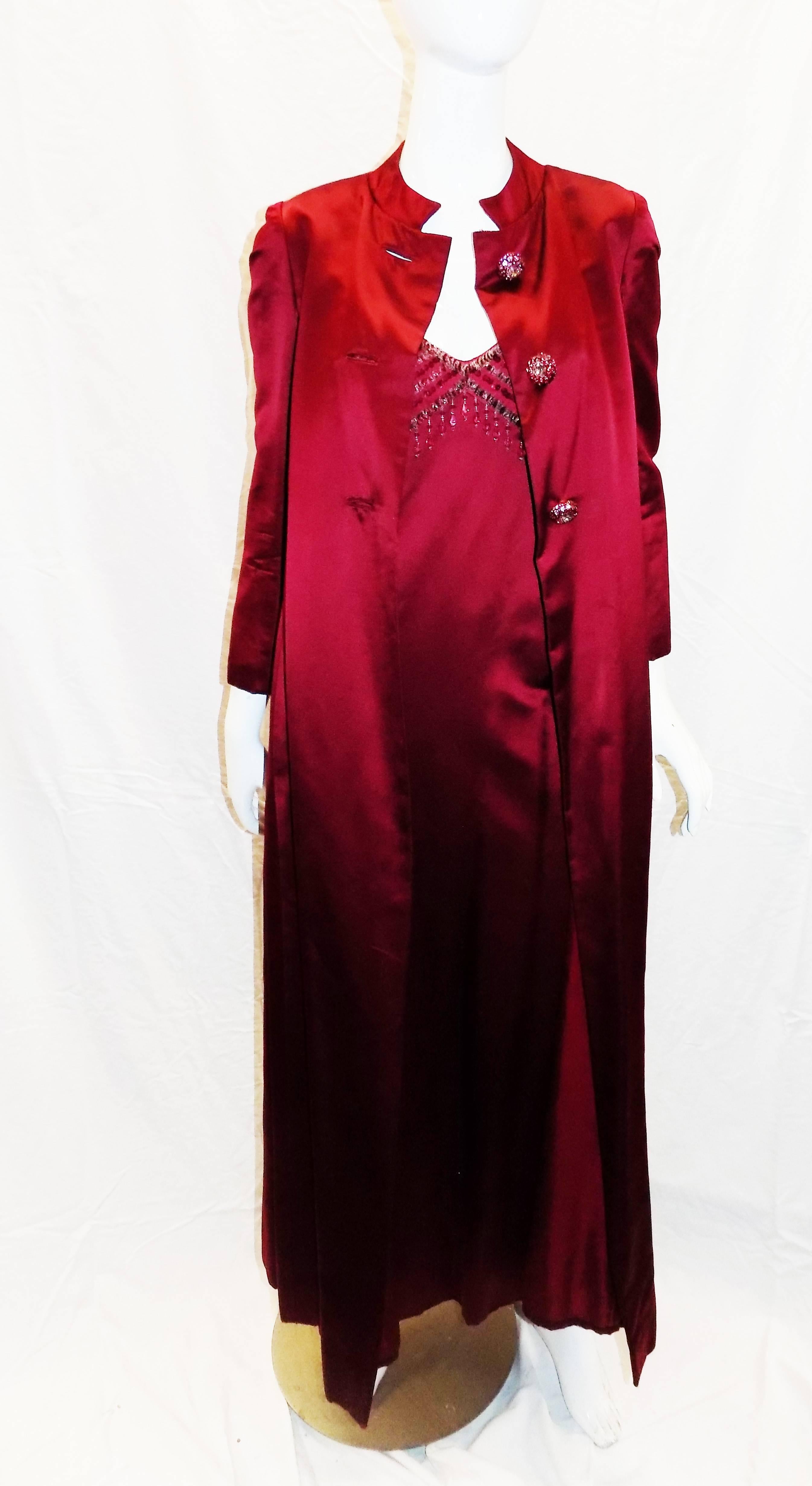 Red Malcom Starr floor length  evening coat and beaded dress 1960 For Sale