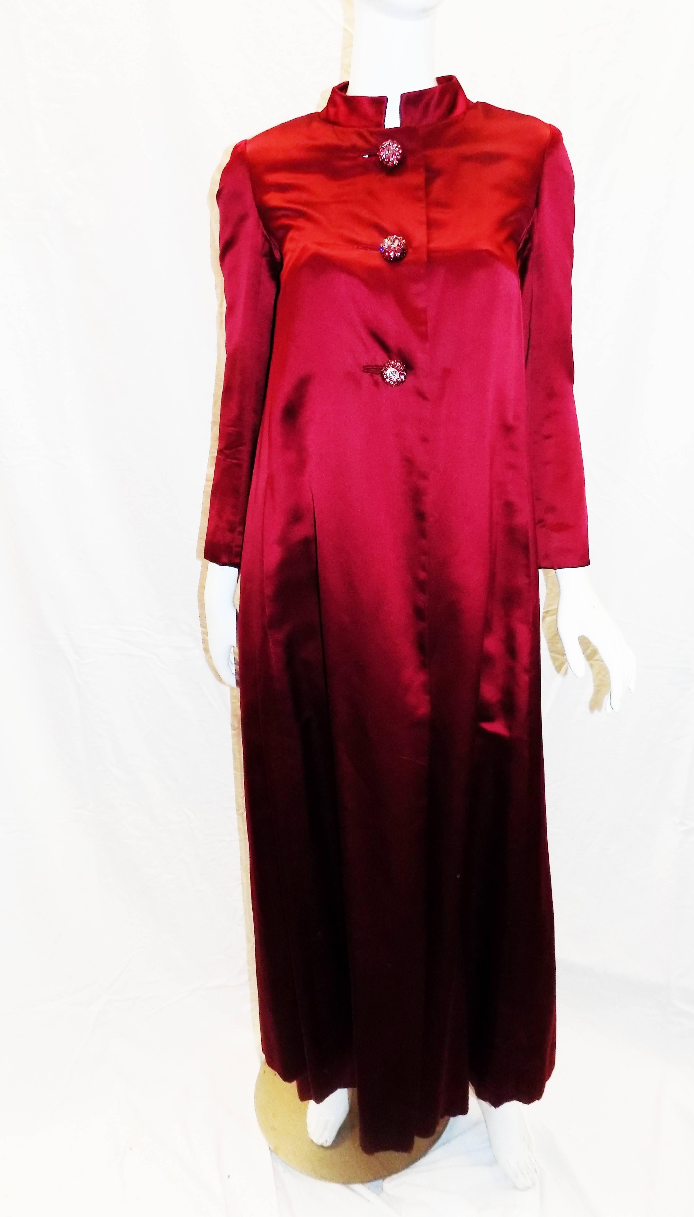 Stunning Malcom Starr floor length burgundy evening coat and beaded dress 1960. Heavy silk duchess coat with Mandarin collar and spectacular hand made large crystal buttons . Under that is matching evening gown with beaded bust line featuring