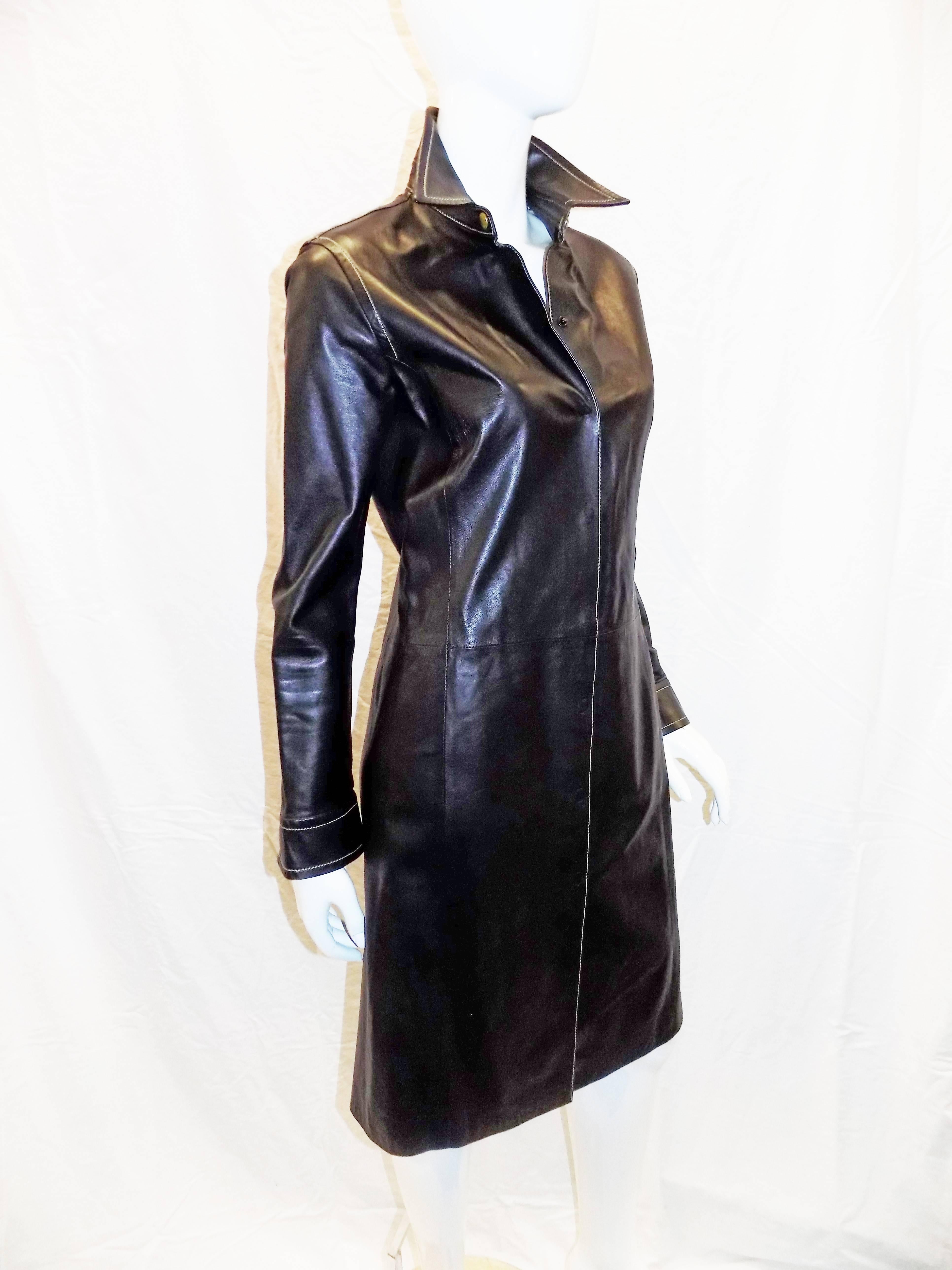 Black Coach black leather coat dress with tonal top stitch