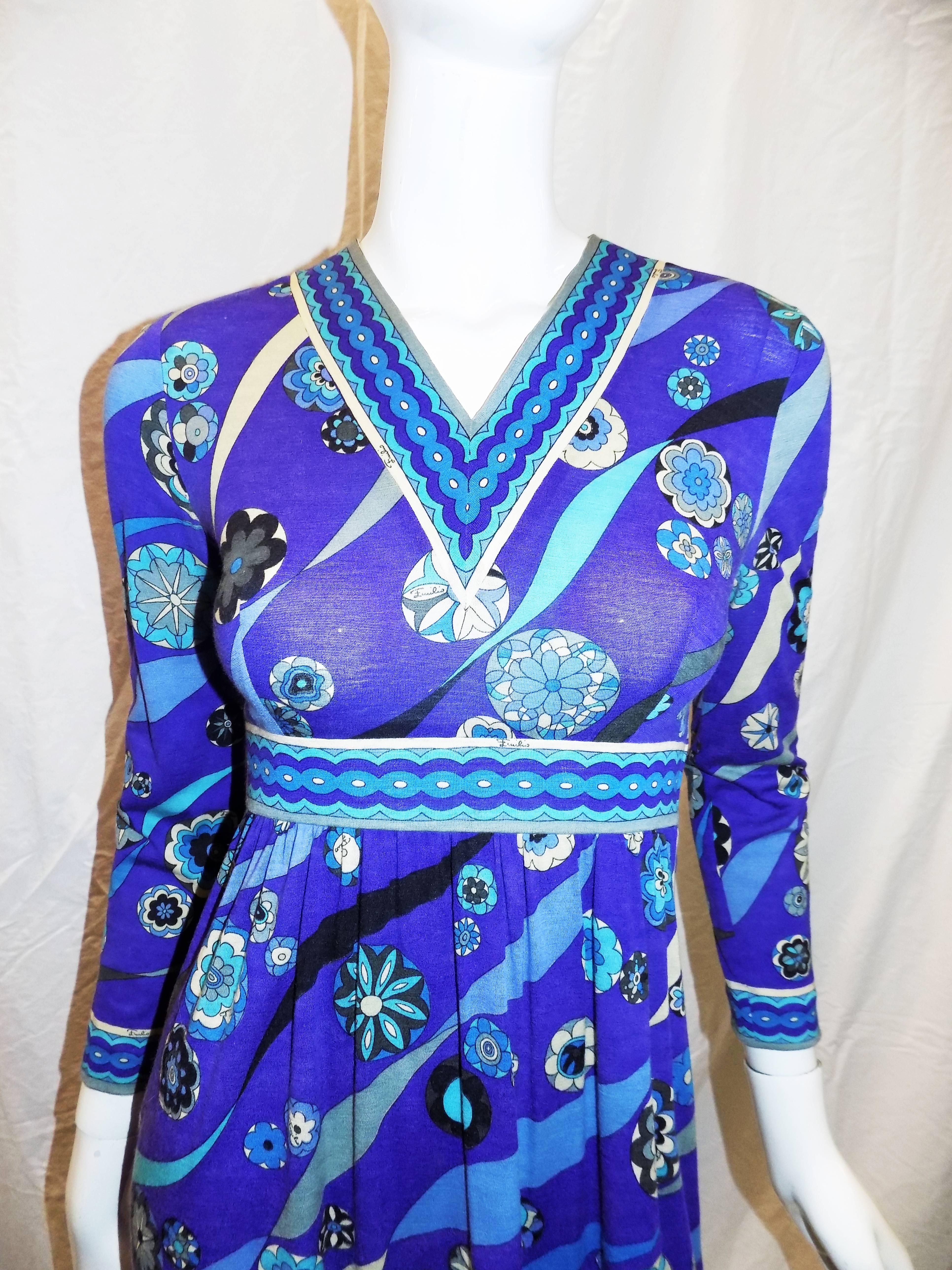 Blue Pucci vintage blue print empire cut  wool and silk dress, 1970 For Sale