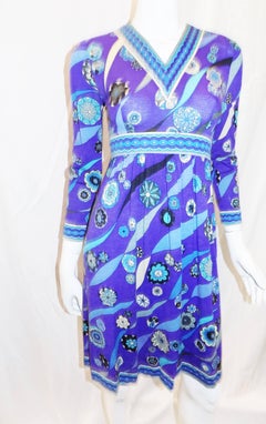 Pucci vintage blue print empire cut  wool and silk dress, 1970
