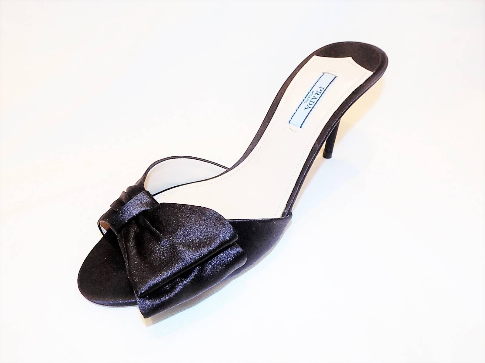 Prada black silk evening mules with asymmetric bow  In New Condition In New York, NY
