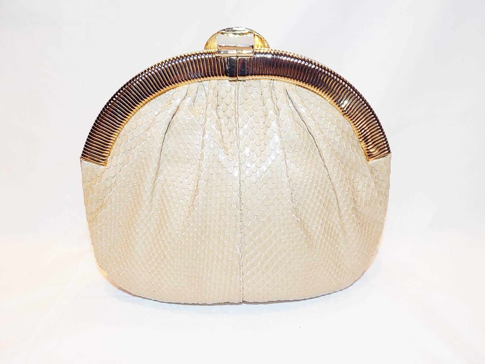 Women's Judith Leiber Beige Snake Skin Frame Handbag Clutch with large oval  Stone Clasp For Sale