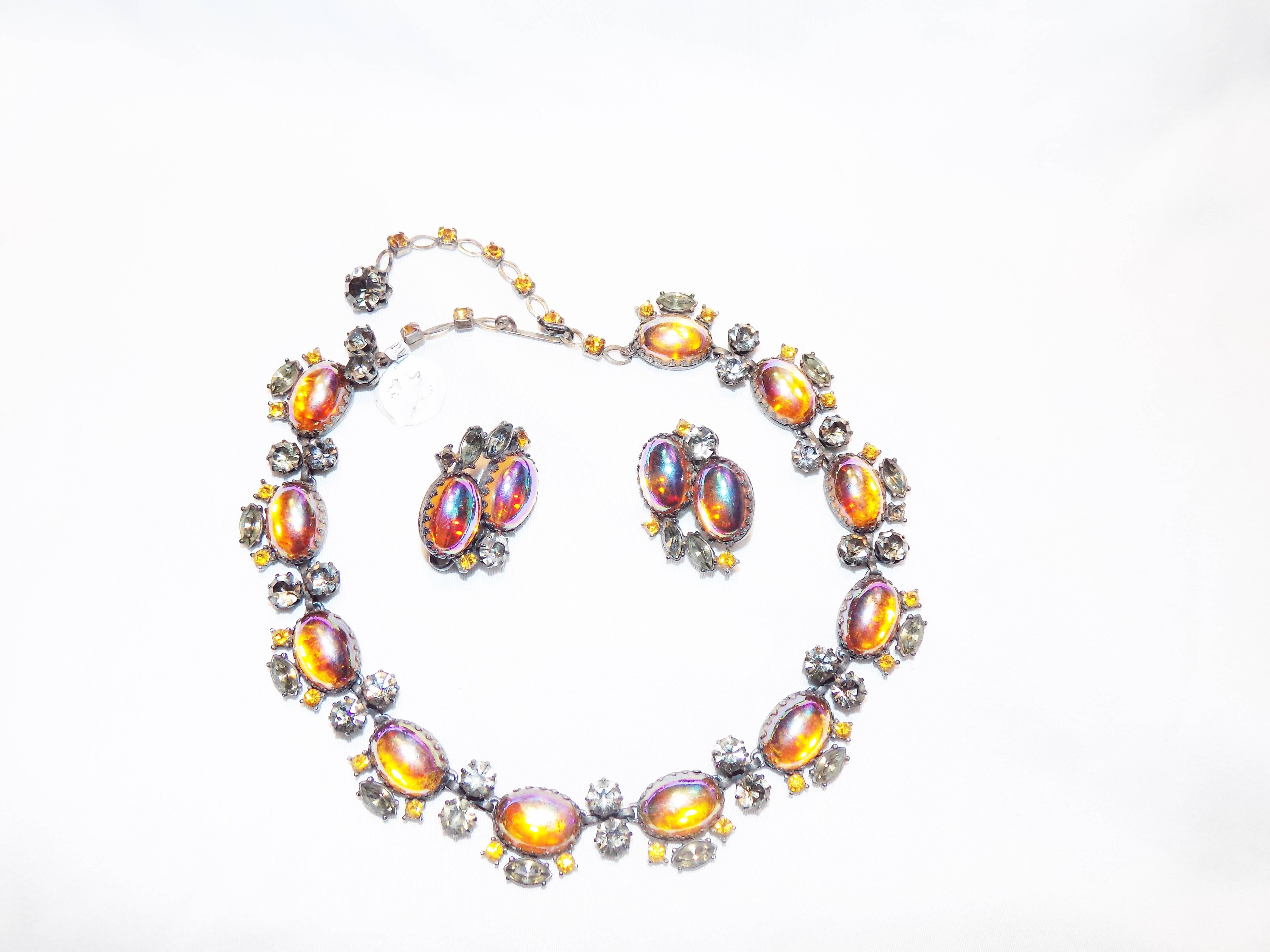 Famous for his cabochon jewelry  Vandome created this amazing choker necklace and earrings set. Circa late 50's . Pristine condition. Necklace is adjustable 16 inch length. Earrings are clip style. Very beautiful piece. 