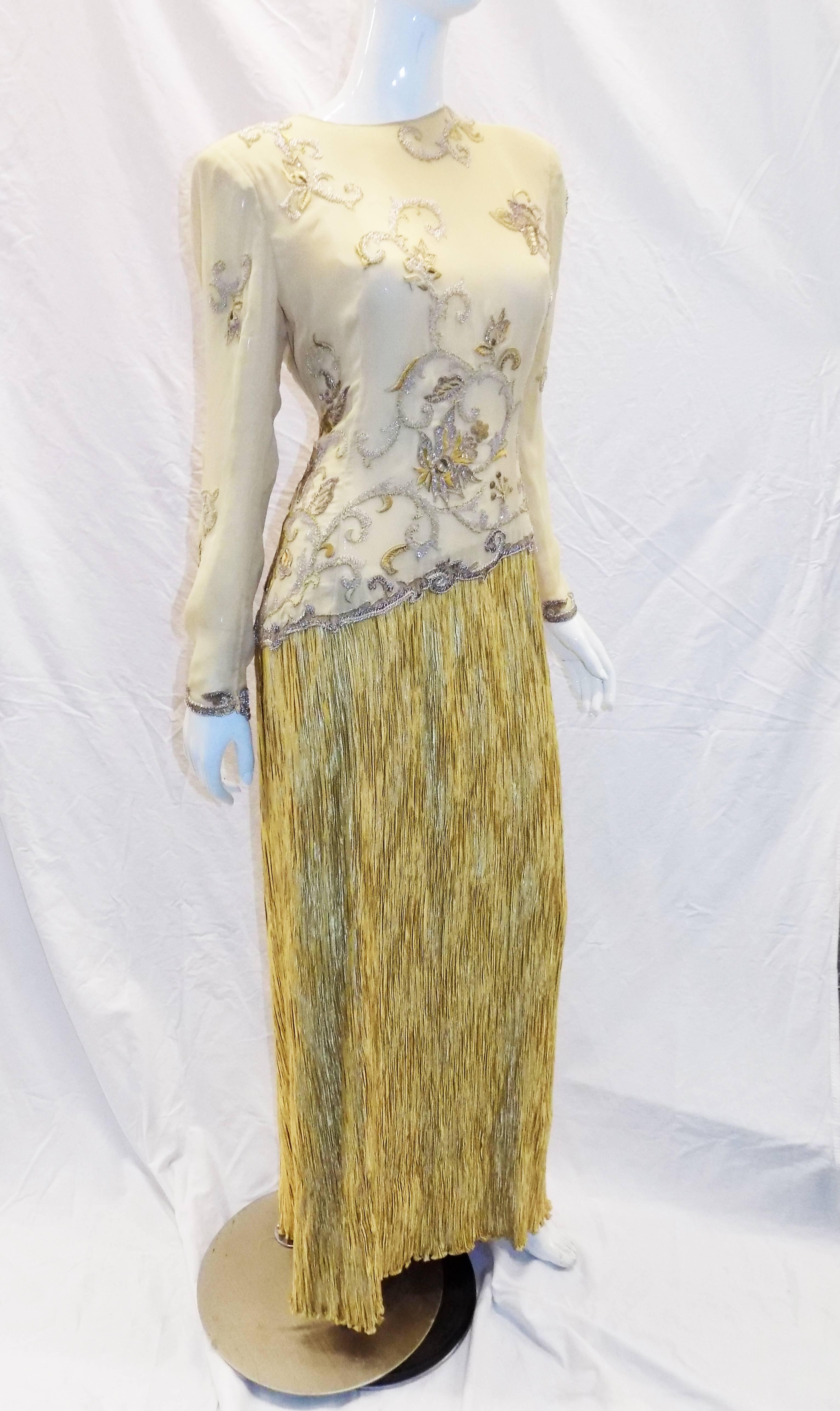 Mary McFadden Couture Gold beaded Bodice with Gold pleated Skirt Gown  1