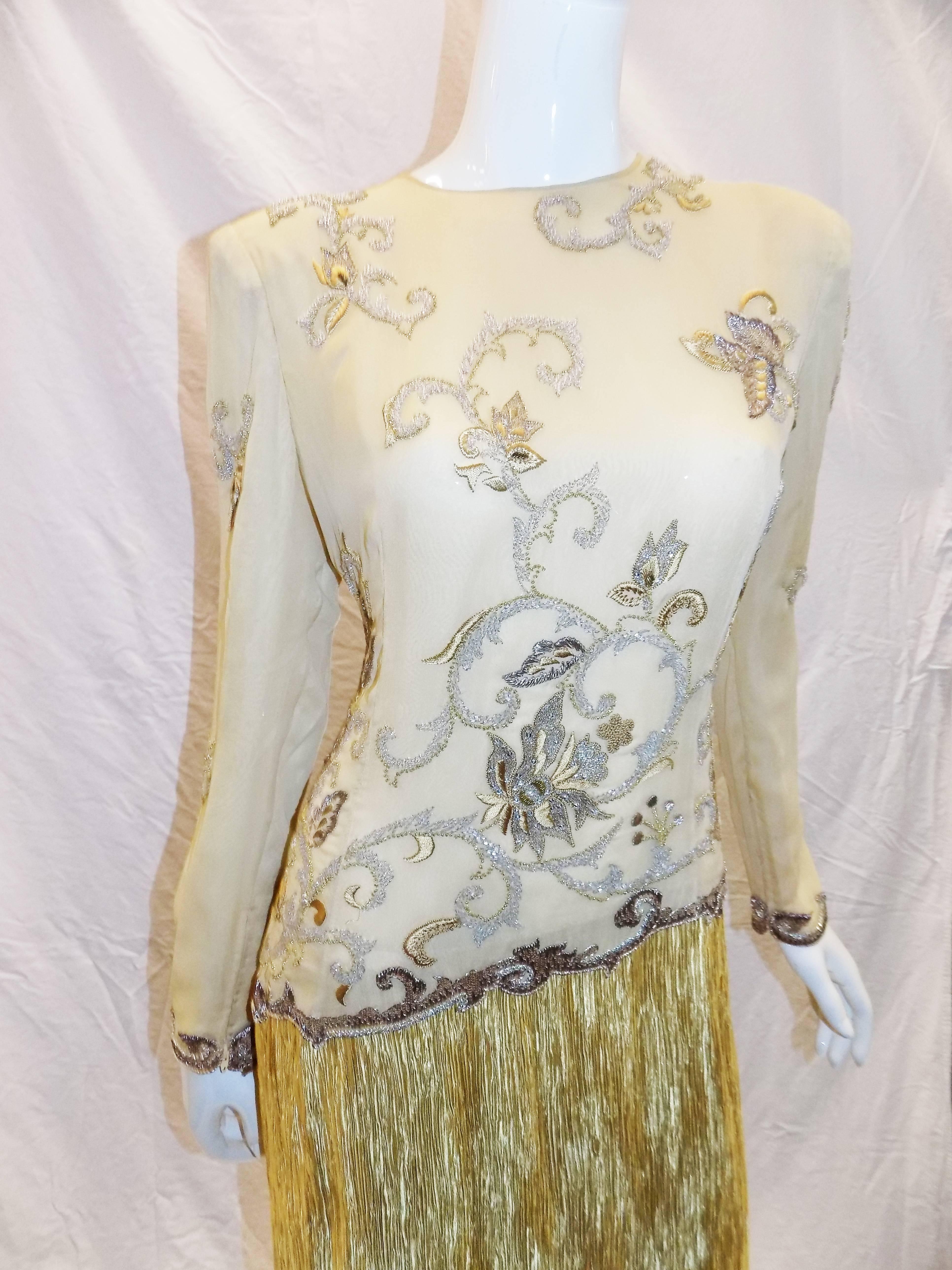 Mary McFadden Couture Gold beaded Bodice with Gold pleated Skirt Gown  In Excellent Condition In New York, NY