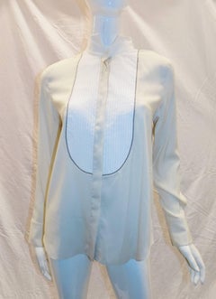 Brunello Cucinelli two tone Beaded pleated canvas-paneled silk tuxedo blouse