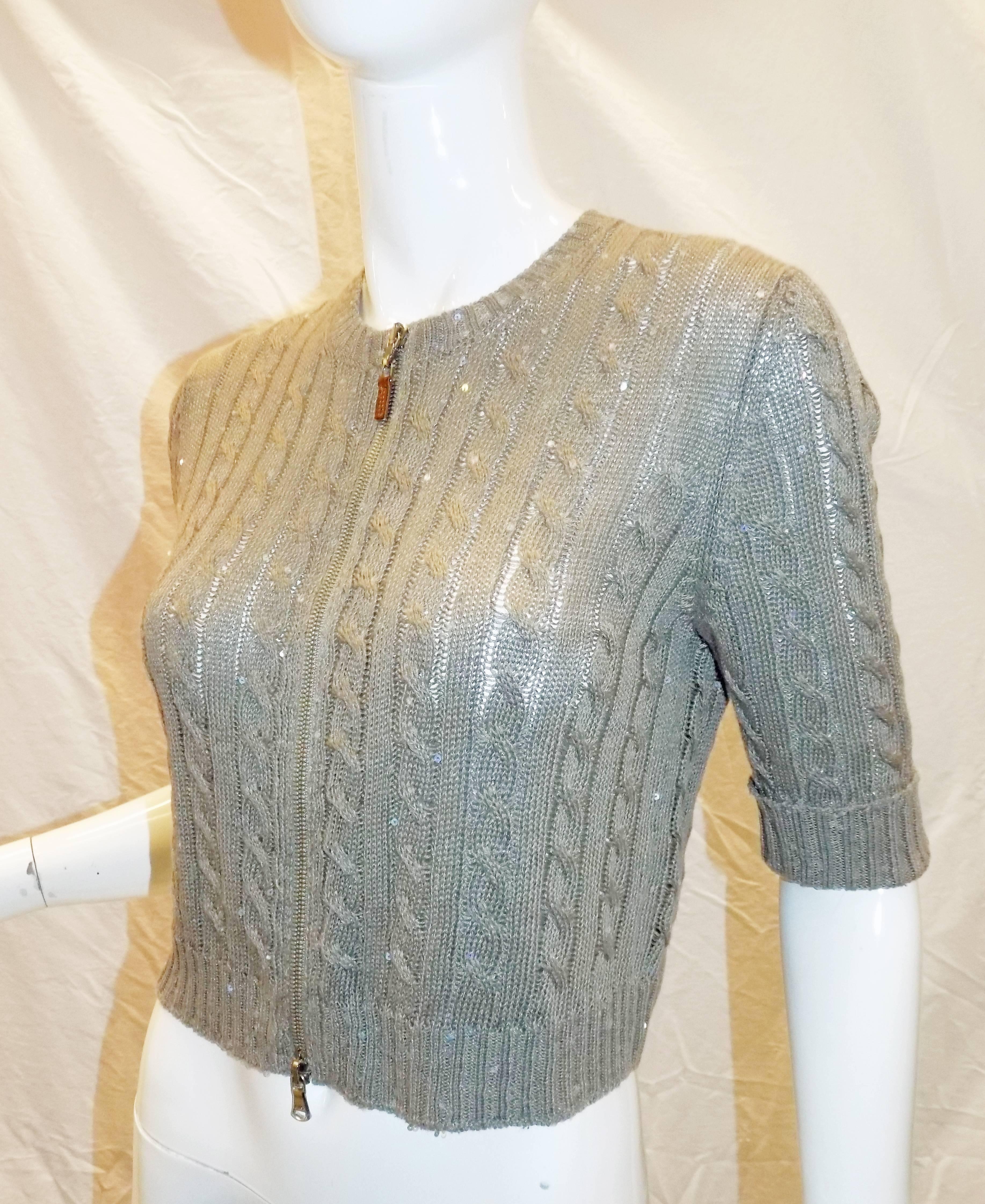 Women's Brunello Cucinelli cable Knit Sequined Sweater cardigan crop top w zipper front