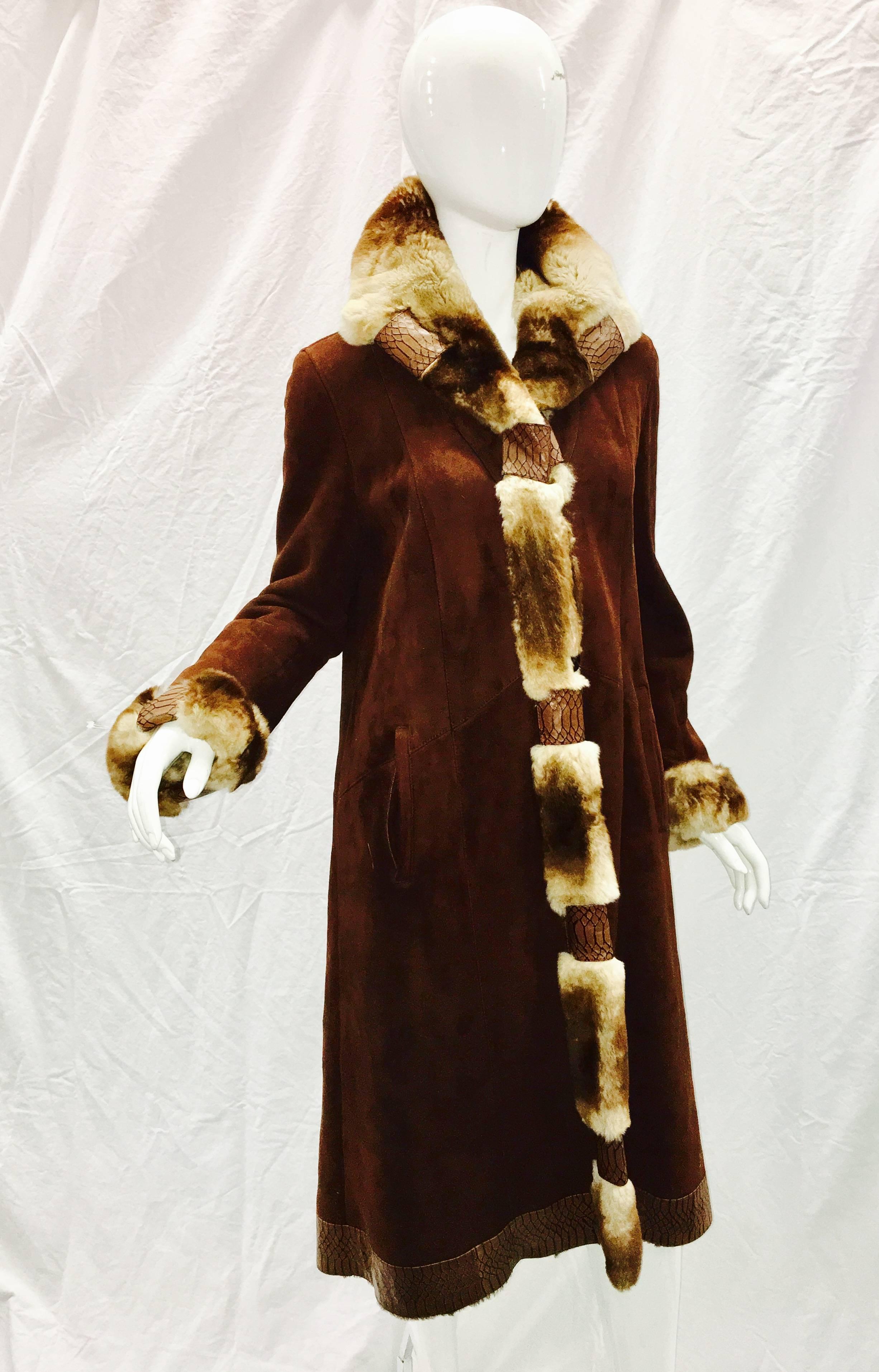 Long spectacular brown  shearling with Rex Rabbit fur trim  In Excellent Condition In New York, NY