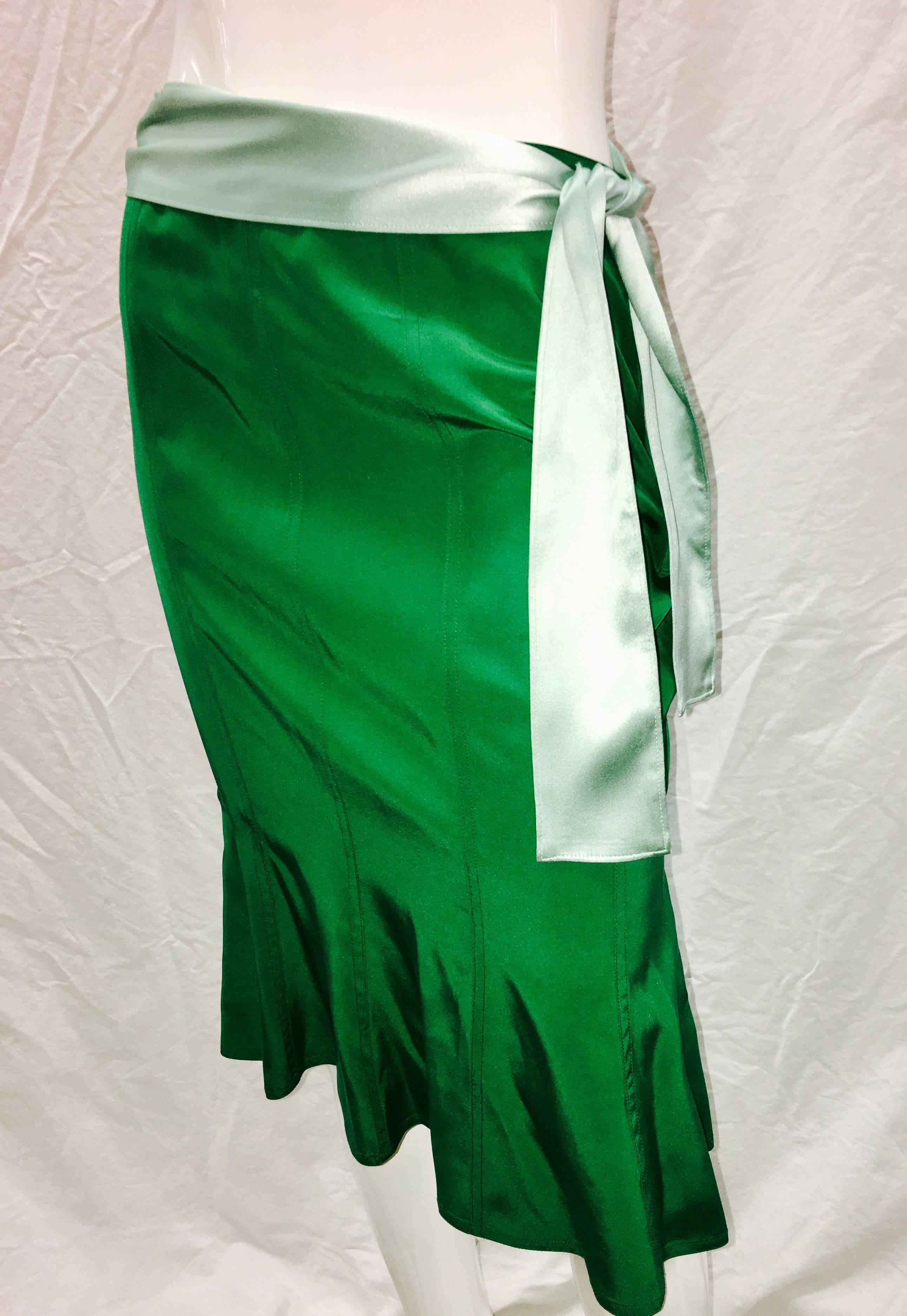 Beautiful green silk kick flare YSL skirt with waist sash. Pristine condition like new. Waist 28