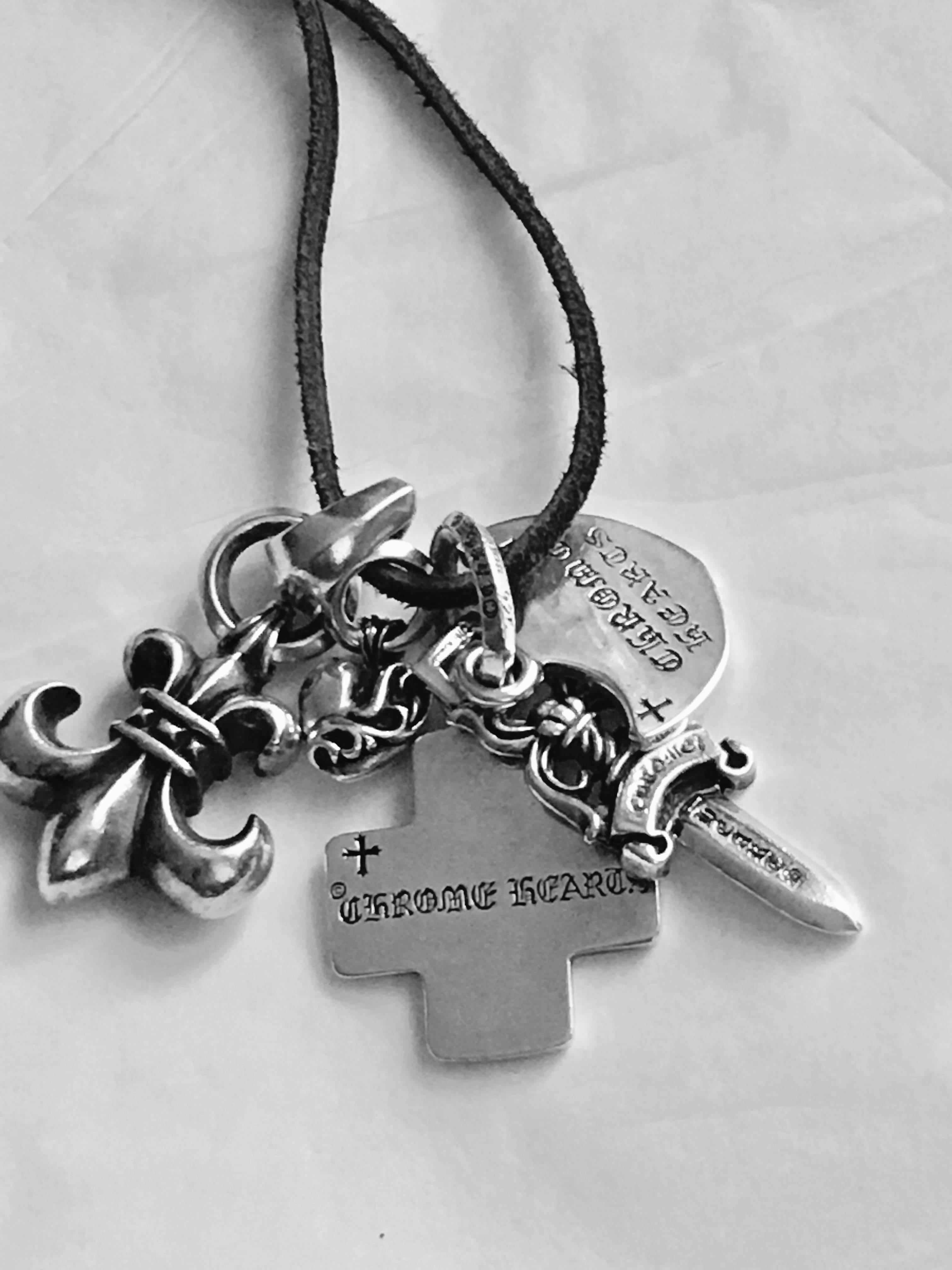 Chrome Hearts Double Dagger Sterling Silver Charm Pendant. Double dagger , Large Fleur Charm Pendant with Bale Necklace  pendant
Rare fabulous collection of Chrome Hearts Charm Pendants. 
Dagger  Width: 15.7mm (0.61