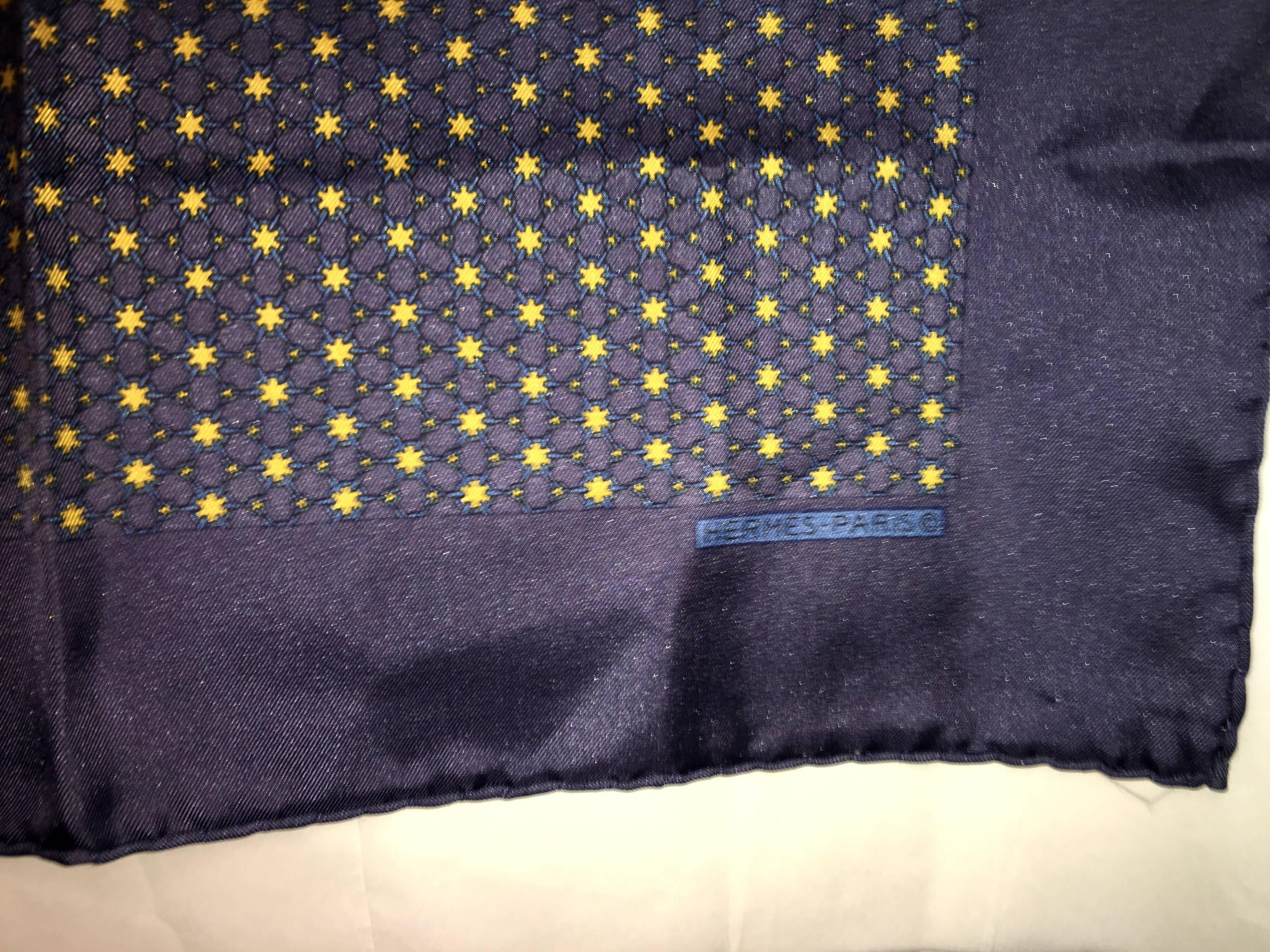 Black Hermes Midnight Blue pocket square  scarf with stars  For Sale