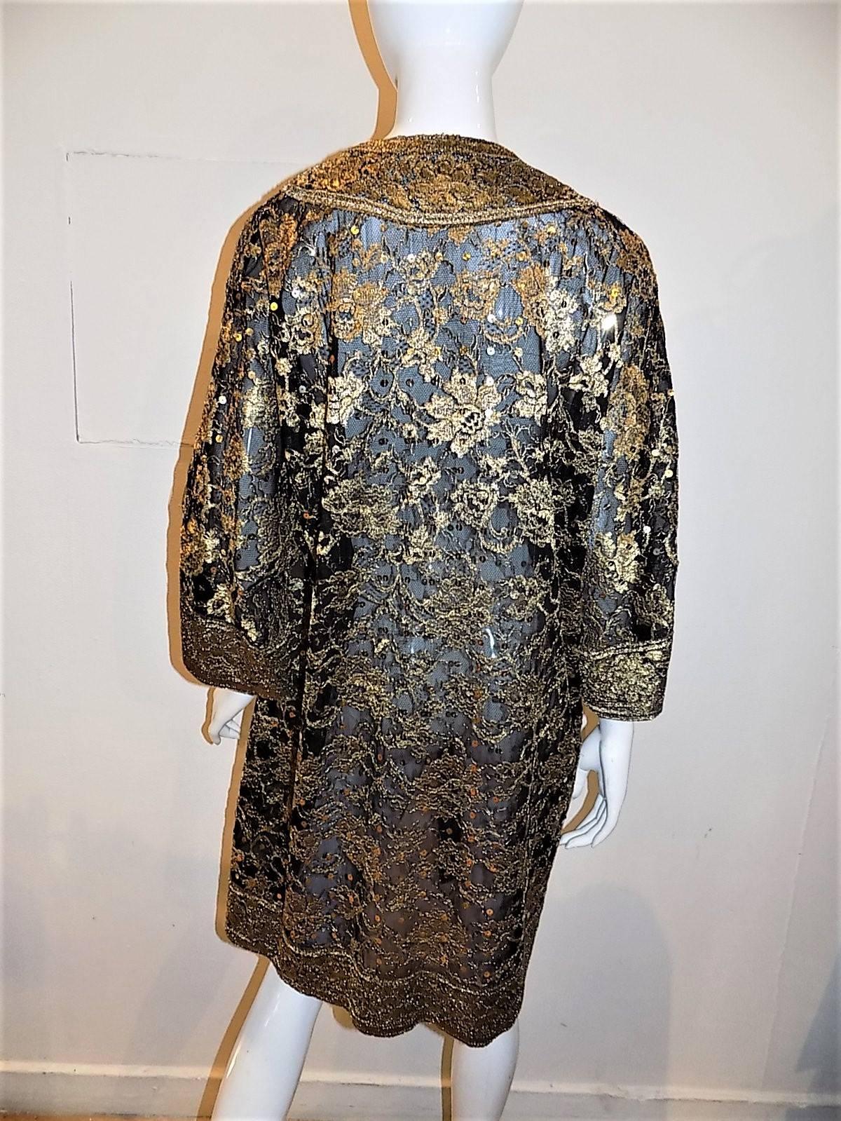 Brown Nolan Miller Couture Beaded Black and Gold Lace coat  long Evening Jacket  For Sale
