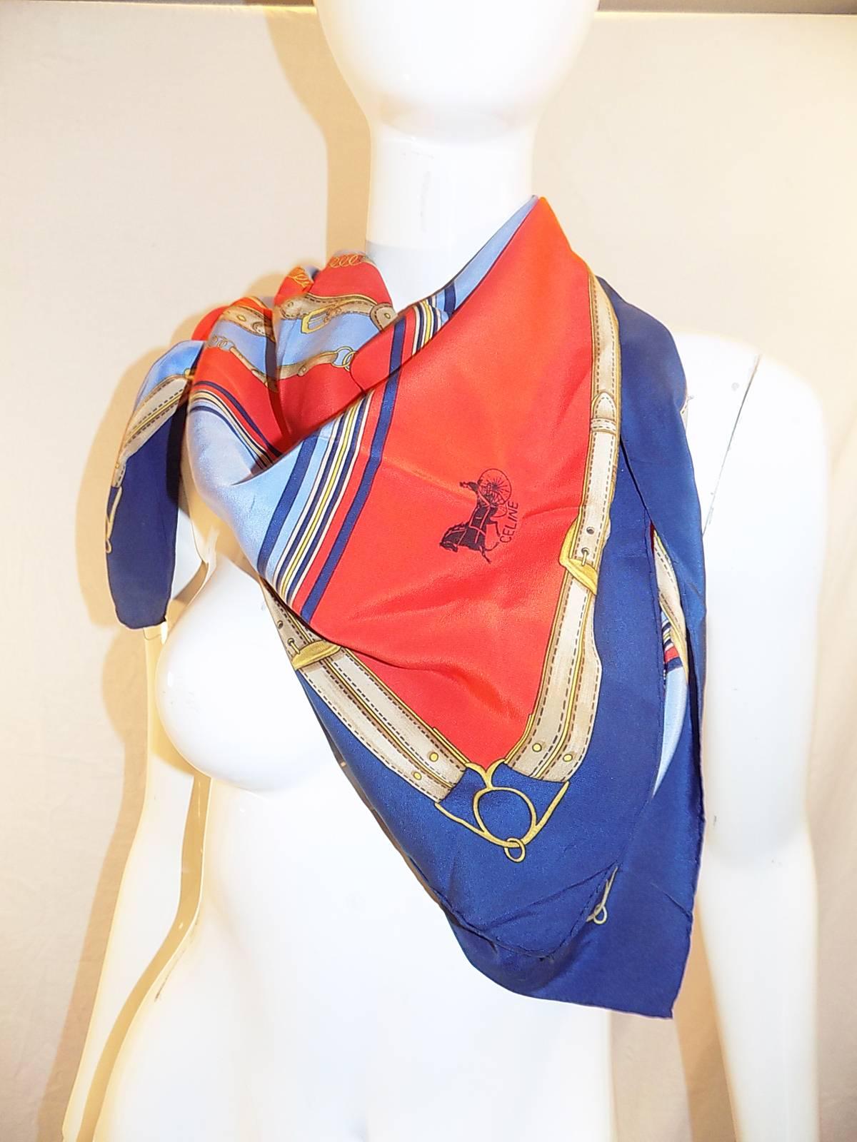 Beautiful vintage Celine silk scarf. Carriage signature in all four corners  , gold