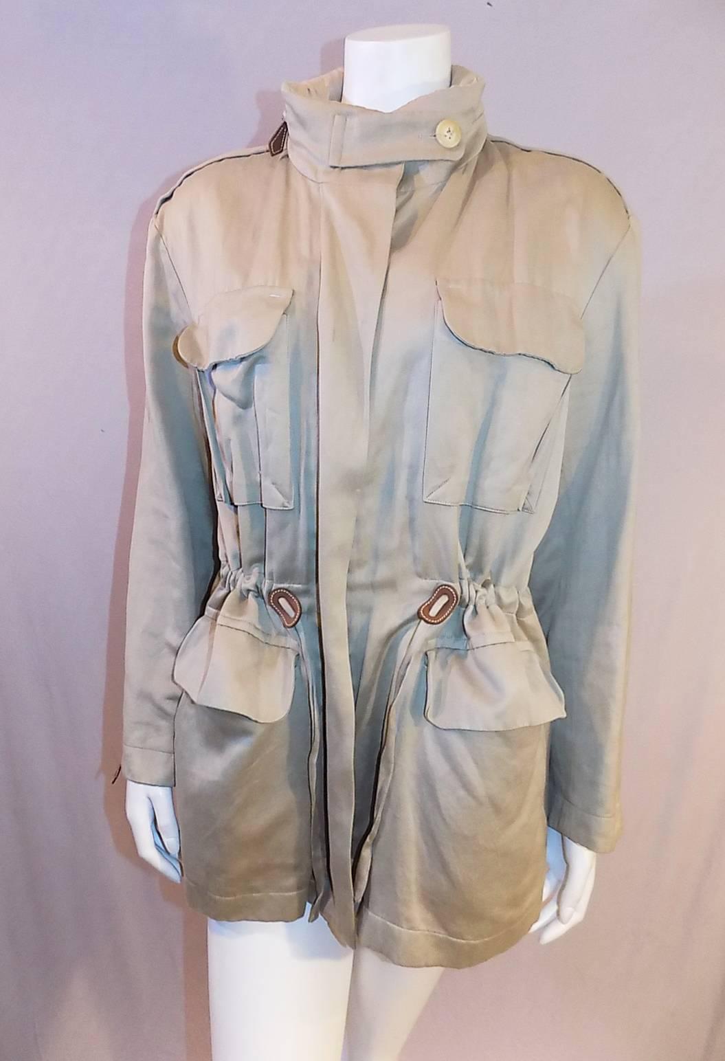 Gray Hermes Hooded Safari Jacket with leather details For Sale
