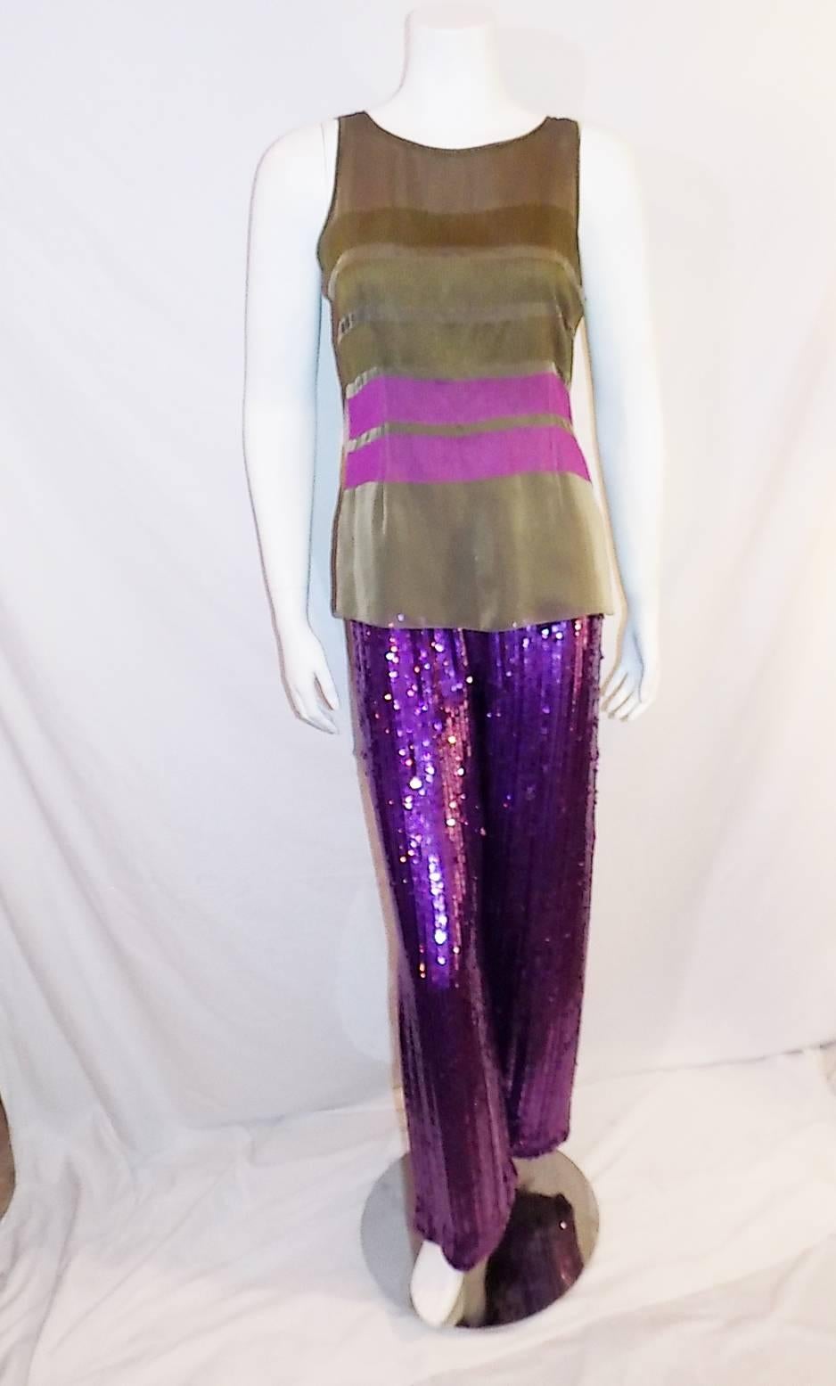 Stunning silk hand beaded Neil Bieff couture moss green silk chiffon embroidered top and purple pants. New- never worn. Rich purple color sequence all done by hand alternating rows of regular size and micro .  So chic! Sz states 6. Top  bust 36