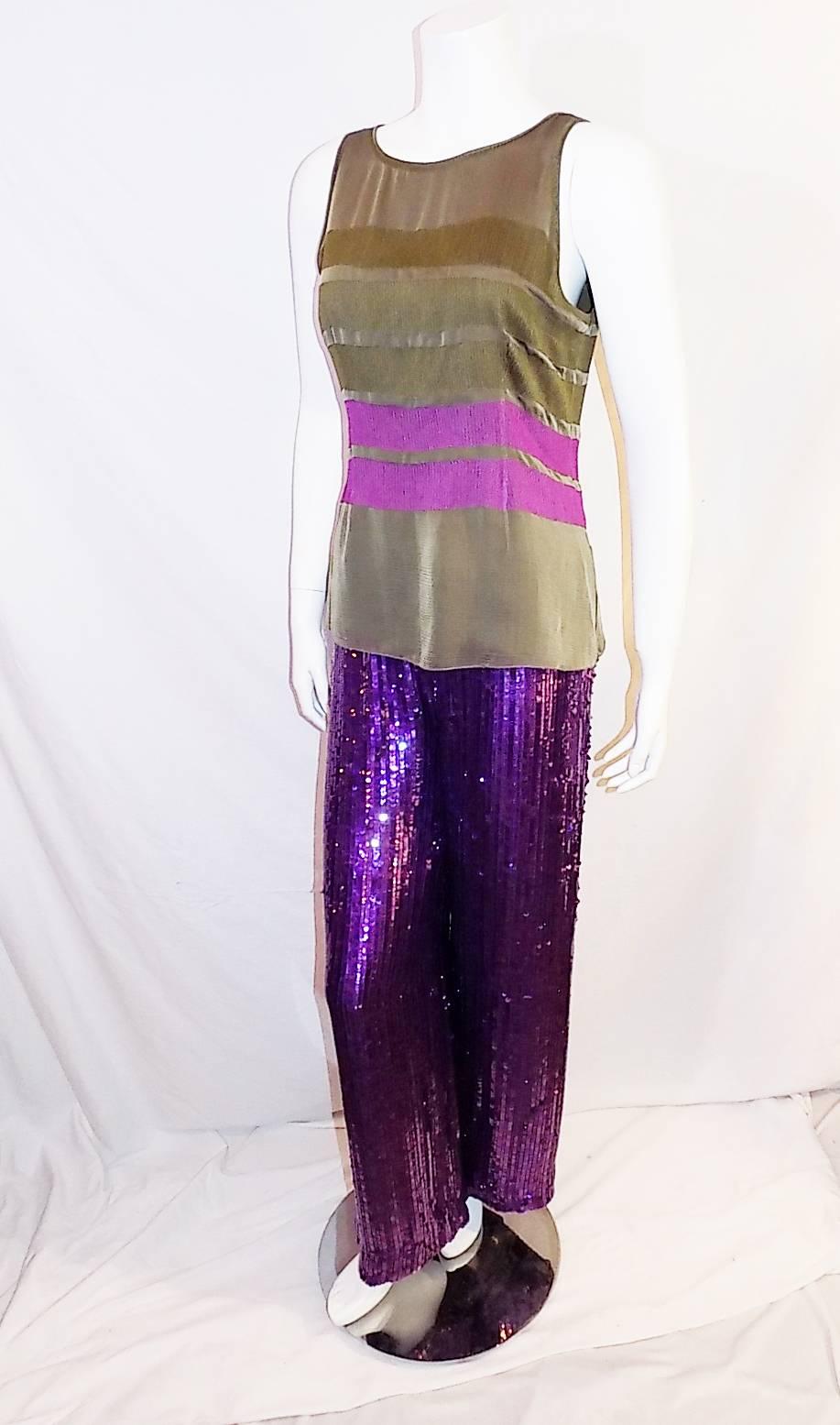 Purple Neil Bieff Couture hand Beaded silk top and pants outfit For Sale