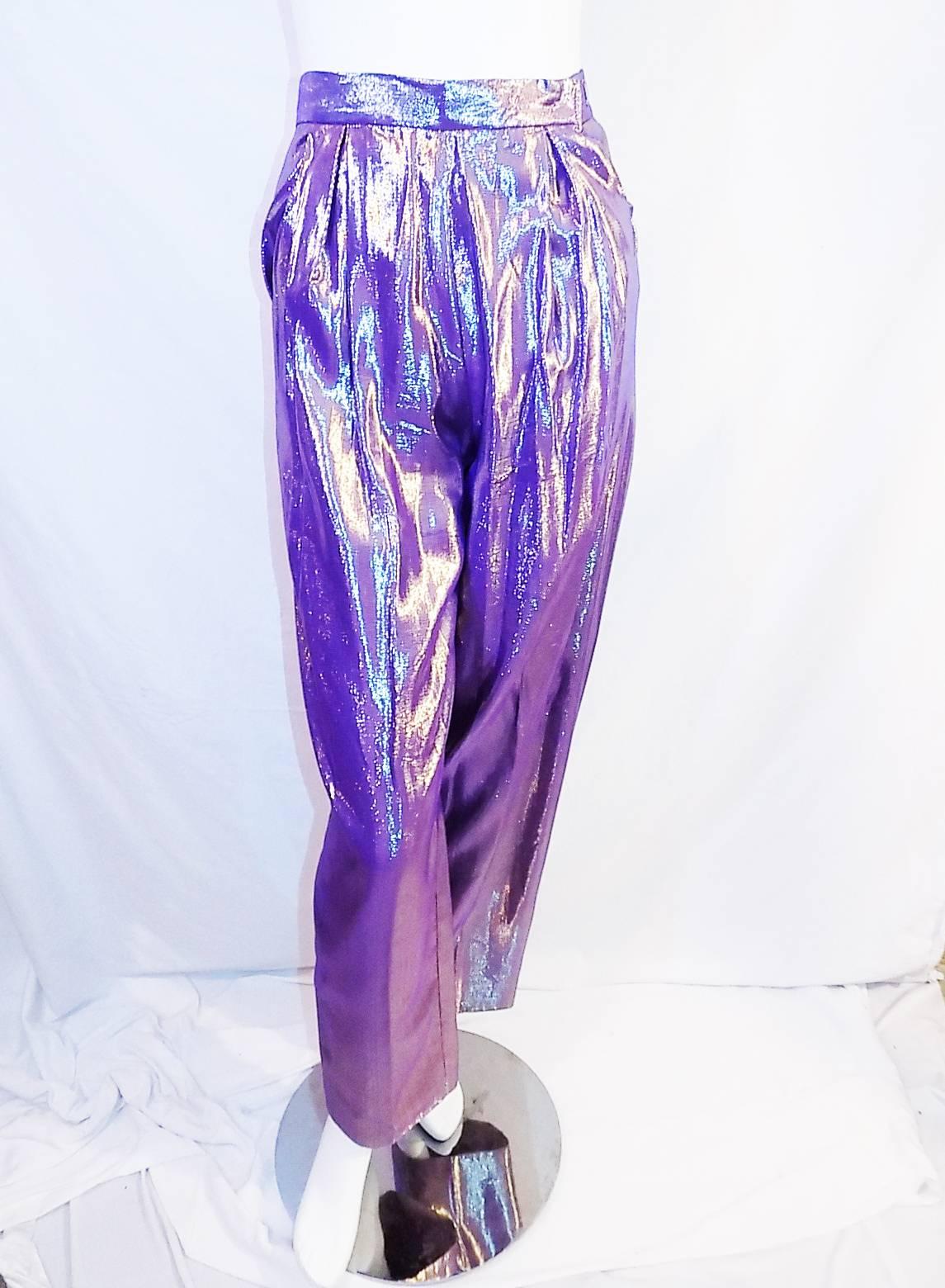 Stunning in pristine condition Giorgio Sant Angelo vintage lame purple pants disco era!! High waited with pleated front and side pockets. Flawless. Very small size. States 6 .. please refer to measurements: Waist 24 1/2 