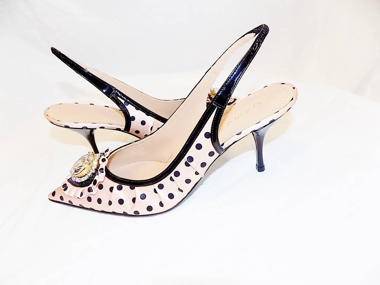 Oh so cute! and brand new! Casadei  Large Crystal Heart Sling back pointy toe shoe. Black Patent leather piping and heel 3 inches  Pink & Black Polka Dot Satin Size 7.5.